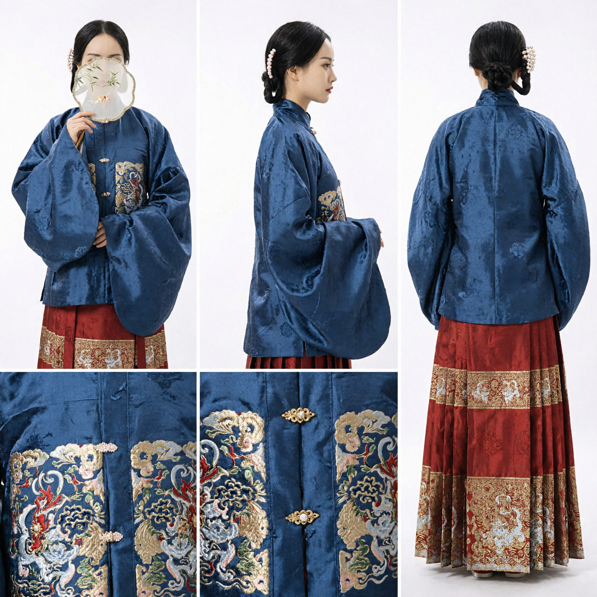 Ensemble de costume traditionnel chinois Hanfu dynastie Ming, veste bleue brodée et jupe Mamianqun en brocart rouge, pour femmes - Asian Costume