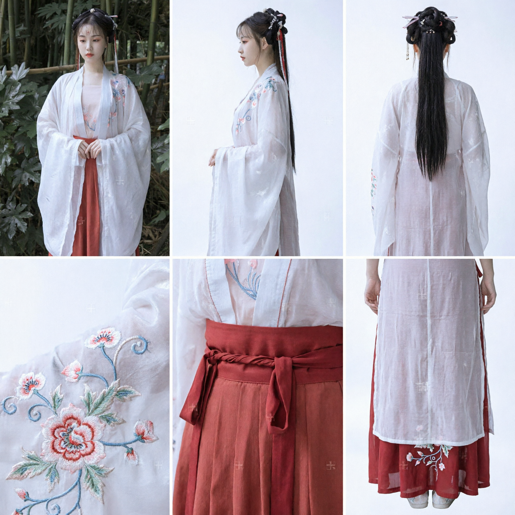 Tradycyjny chiński strój Hanfu dla kobiet, starożytny styl wróżki, haftowana przejrzysta szata i zestaw czerwonej spódnicy do fotografii - Asian Costume