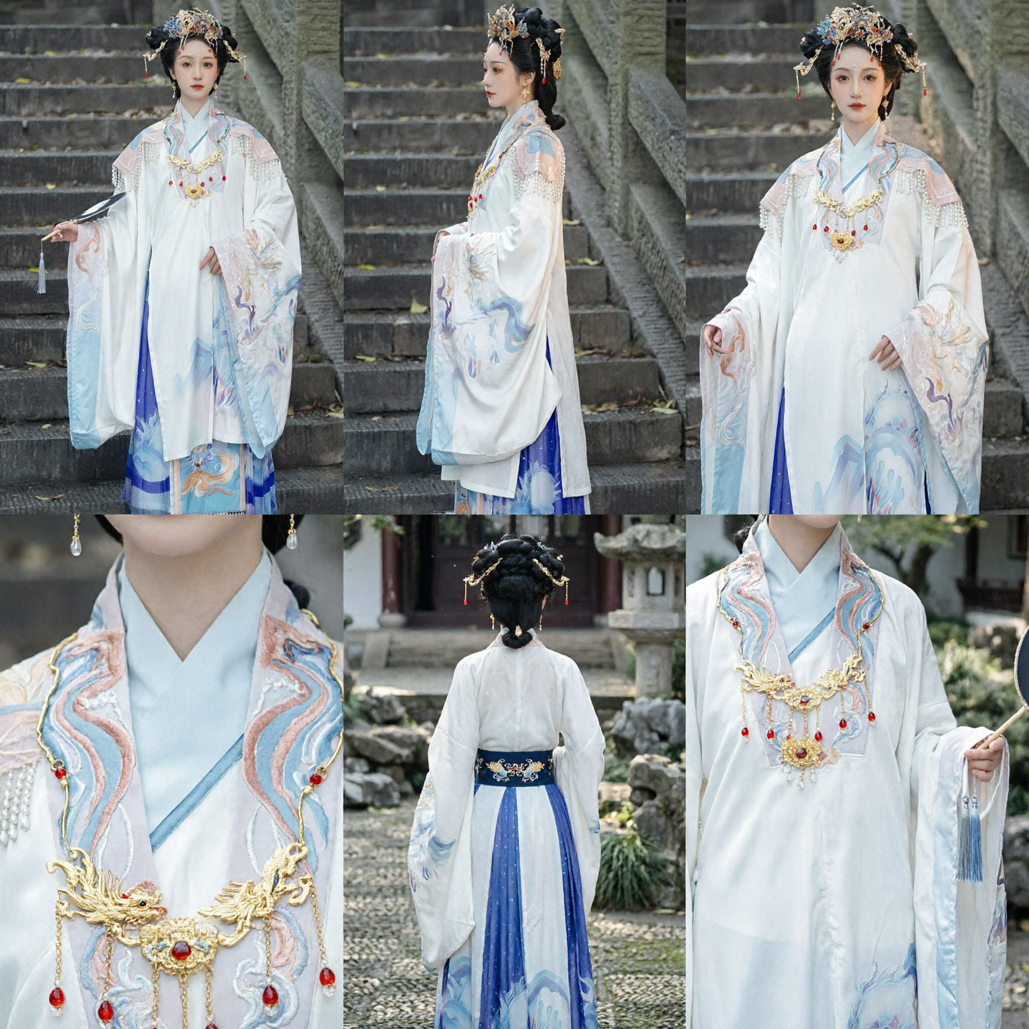 伝統的中国漢服 古代衣装 刺繍白ドレス 広袖 女性用 歴史コスプレ - Asian Costume