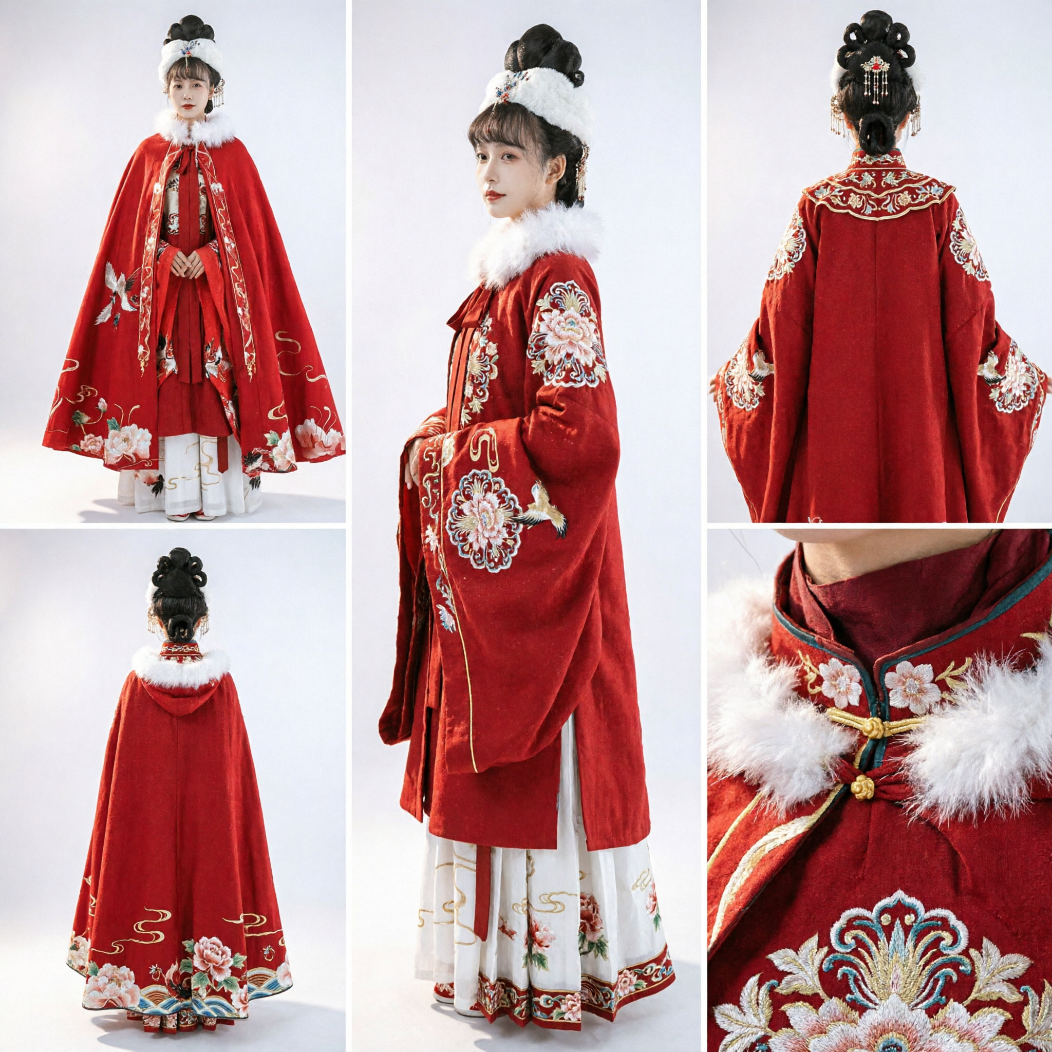 Manteau d'hiver rouge ancien chinois Hanfu avec col en fourrure blanche, cape brodée pour femmes - Asian Costume