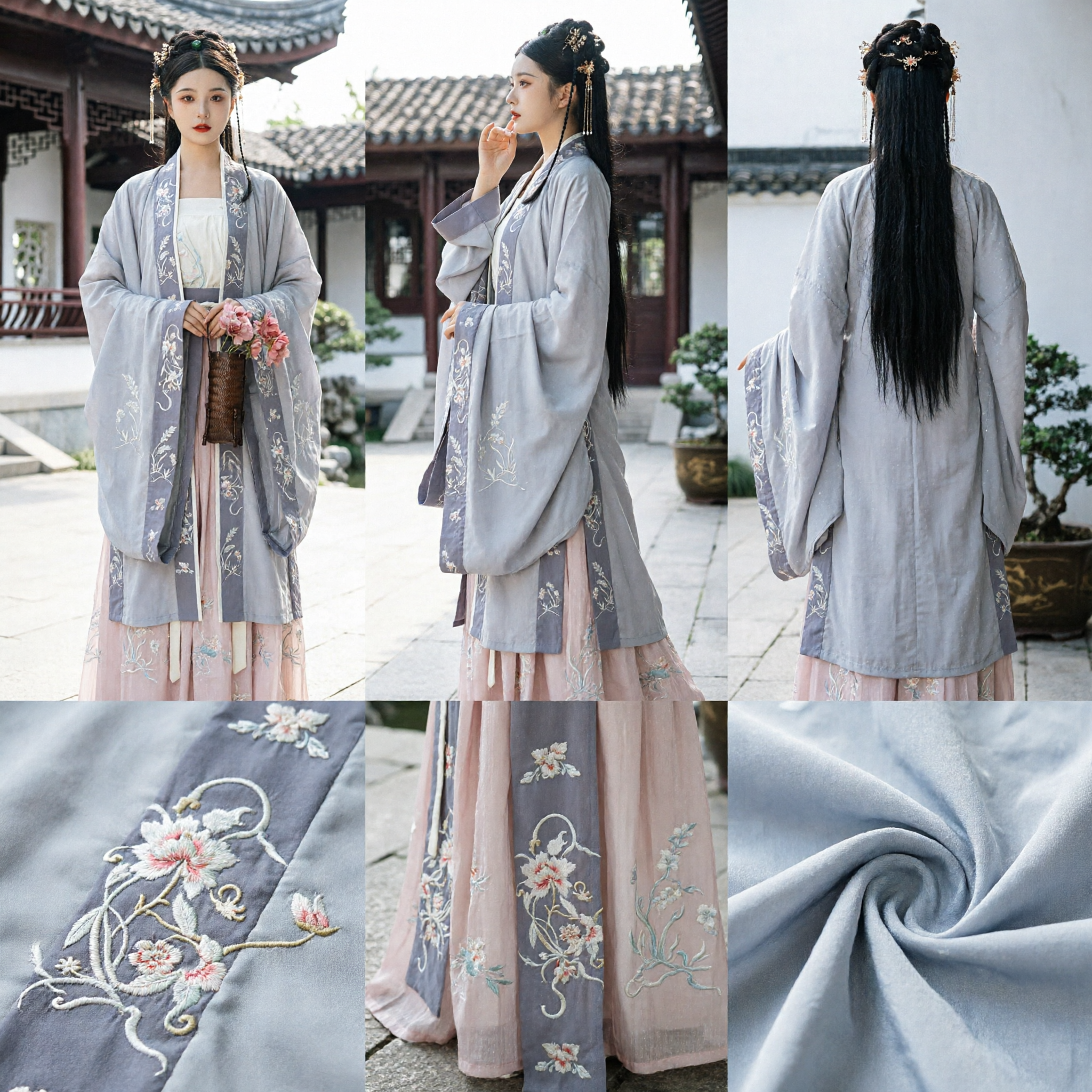 Tradycyjny chiński strój Hanfu dla kobiet, starożytny elegancki haftowany szary płaszcz i różowa spódnica w zestawie - Asian Costume