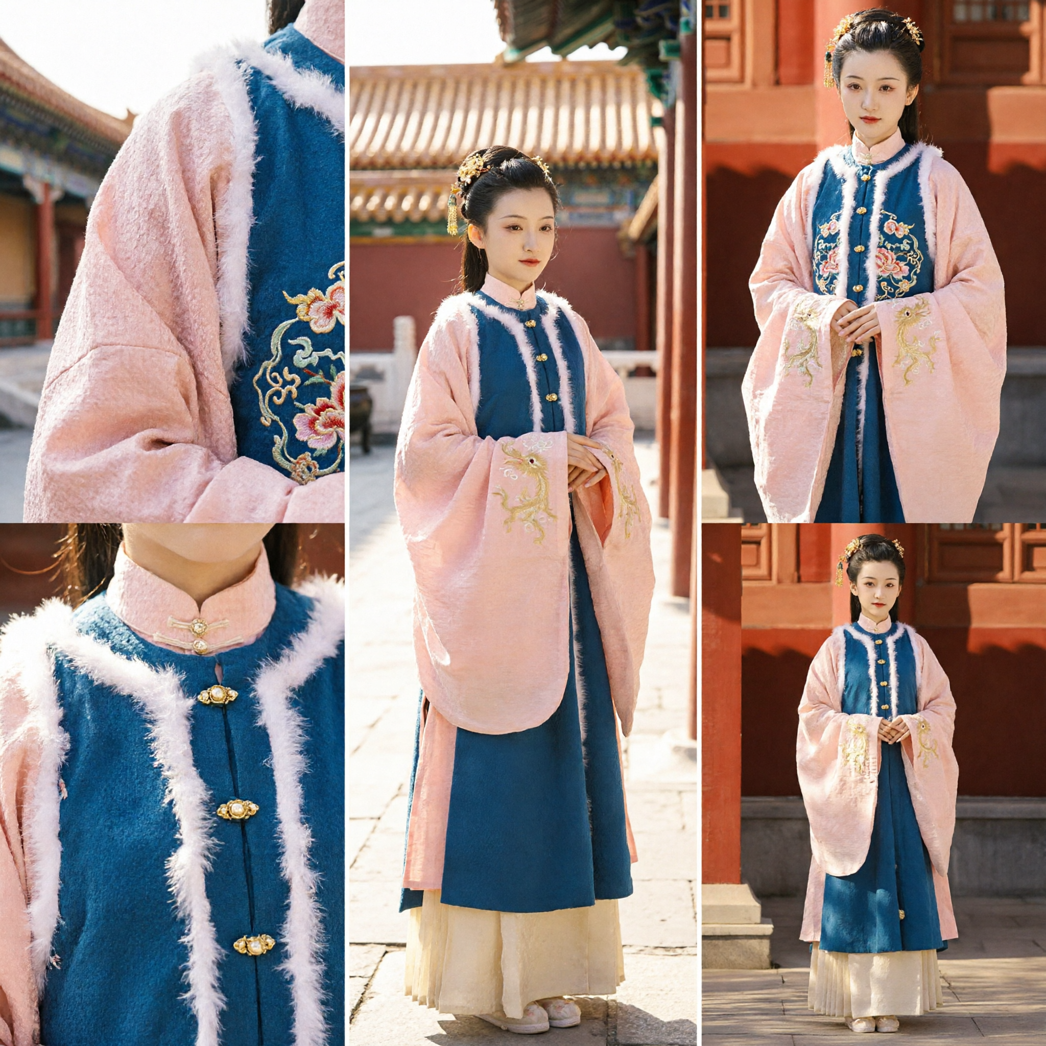 Traditioneller chinesischer Hanfu Ming-Dynastie rosa durchsichtige Robe und blauer Pelzbesatz Kostüm-Set für Frauen - Asian Costume