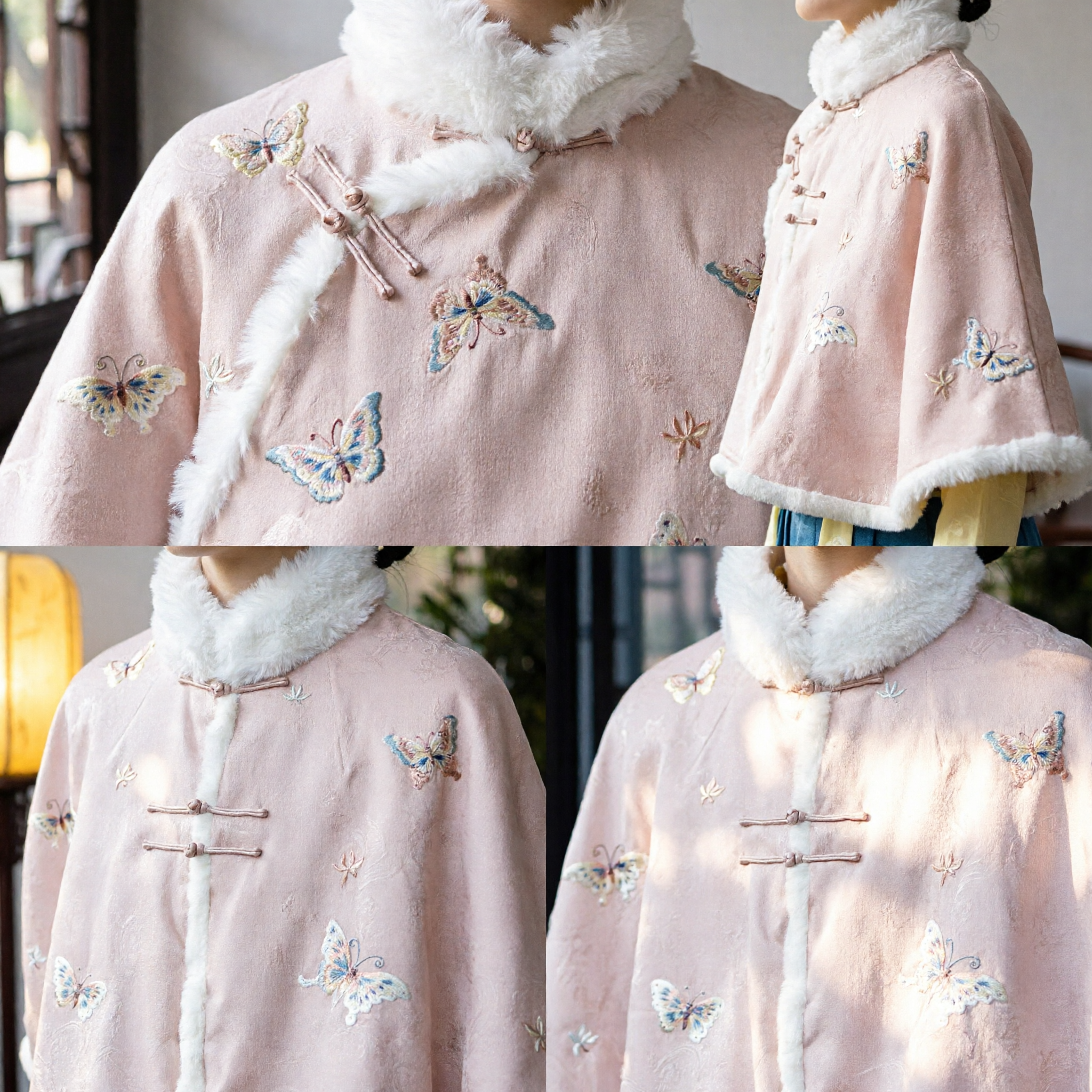 Pink Chinese Traditional Hanfu Winter Cape with Fur Collar Butterfly Embroidery Cloak for Women and Girls - Asian Costume