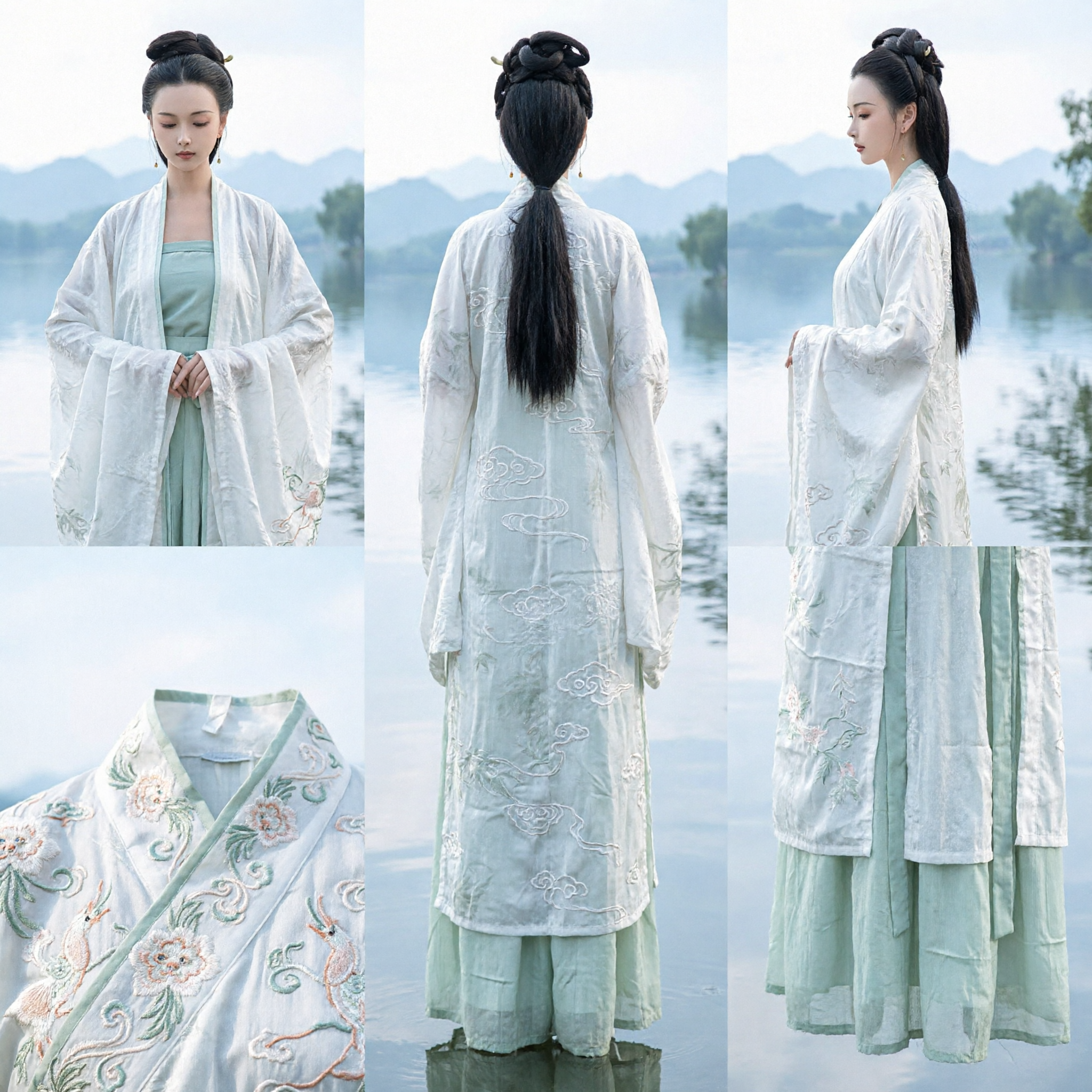 Traditionele Chinese Hanfu Oud Kostuum Witte Buitenste Gewaad en Mintgroene Jurk voor Vrouwen Fotografie - Asian Costume