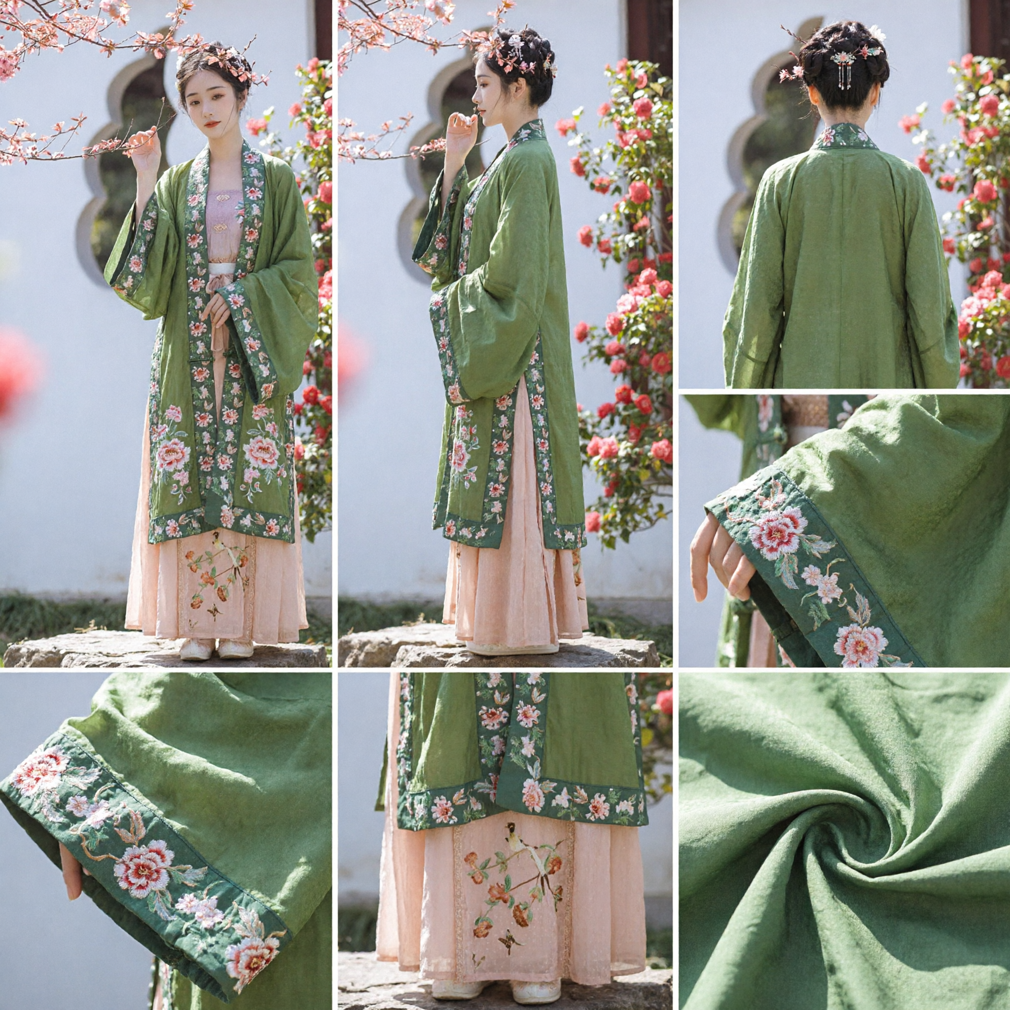 Ensemble Hanfu élégant à broderie florale verte, vêtement traditionnel chinois, style dynastie Song, costume pour cosplay pour femmes - Asian Costume
