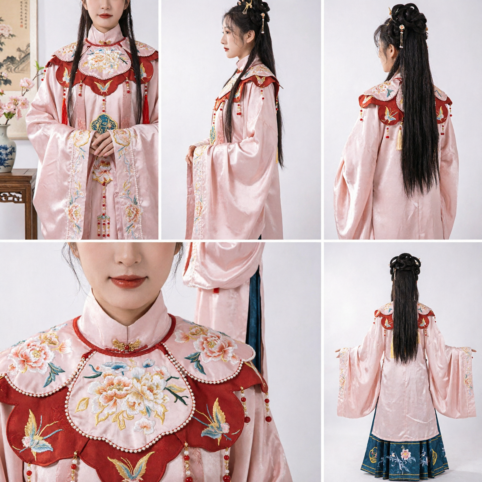 Costume Hanfu chinois traditionnel de la dynastie Ming, haut rose brodé avec col nuage rouge et ensemble jupe plissée bleue - Asian Costume