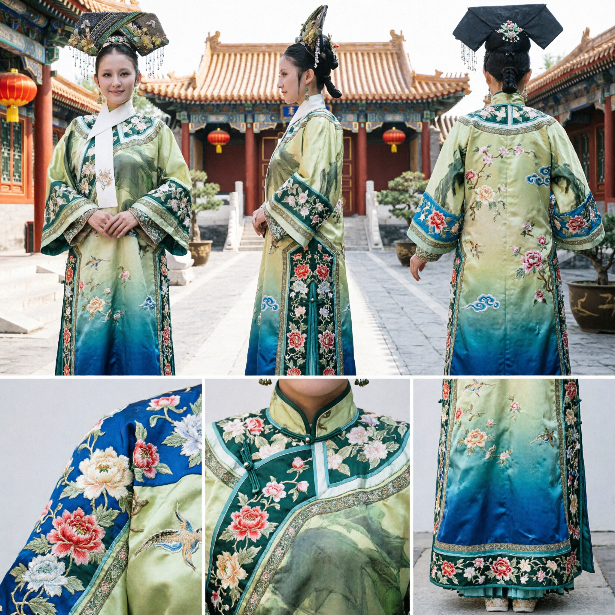 Costume princesse Mandchou de la dynastie Qing traditionnelle, robe brodée verte et coiffe pour cosplay palais ancien chinois - Asian Costume