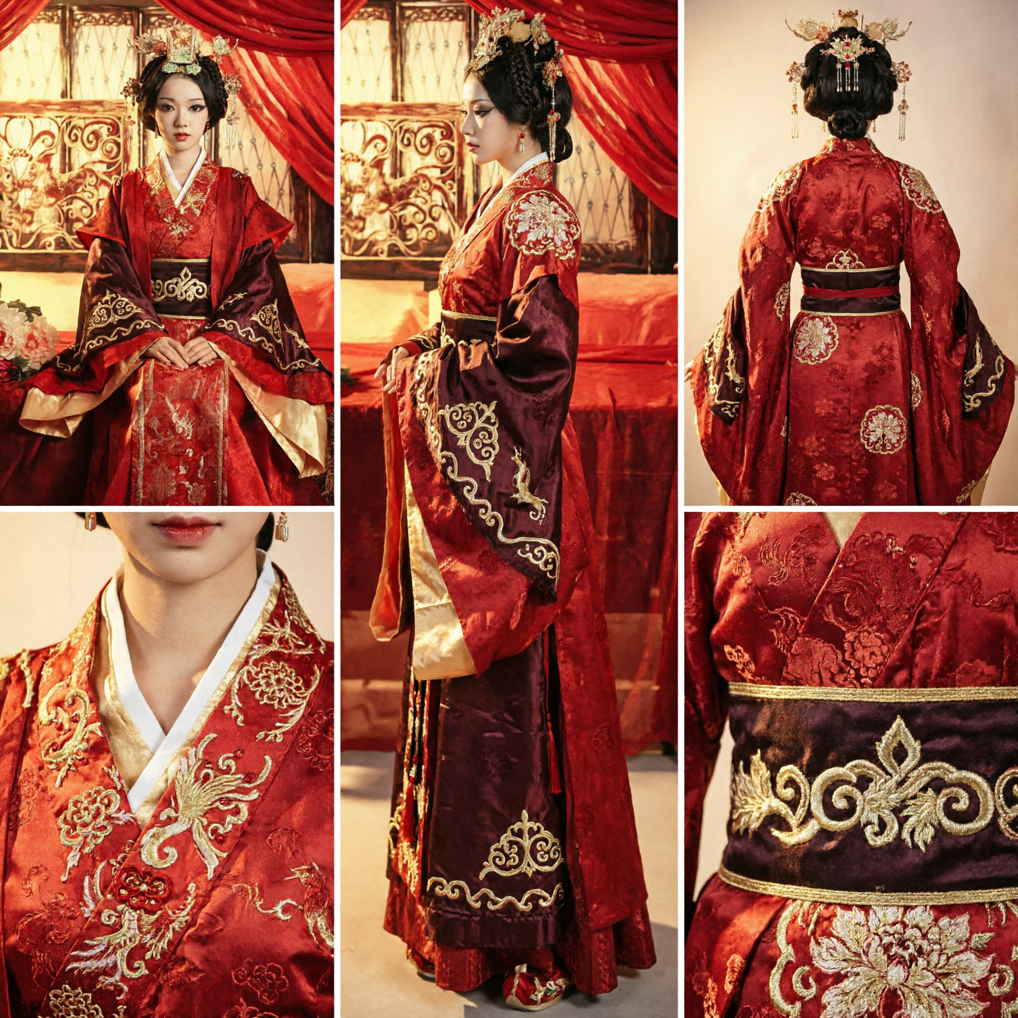 여성용 전통 중국 빨간색 한푸 웨딩 드레스 고대 궁궐 의상 (금색 자수, 넓은 소매) - Asian Costume