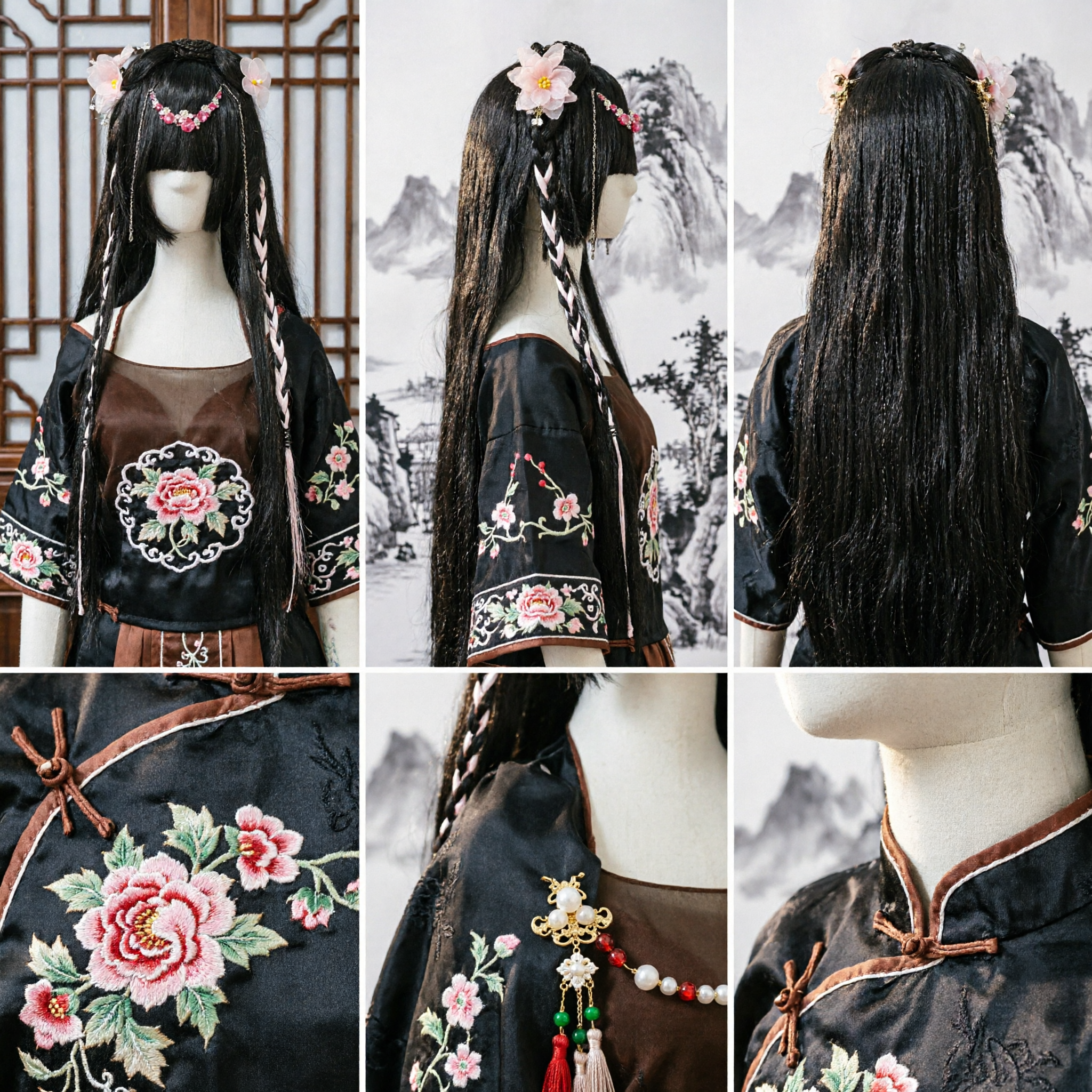 Parrucca Hanfu Cinese Tradizionale, Capelli Neri Intrecciati con Nastro Bianco e Gioielli Floreali per Cosplay - Asian Costume