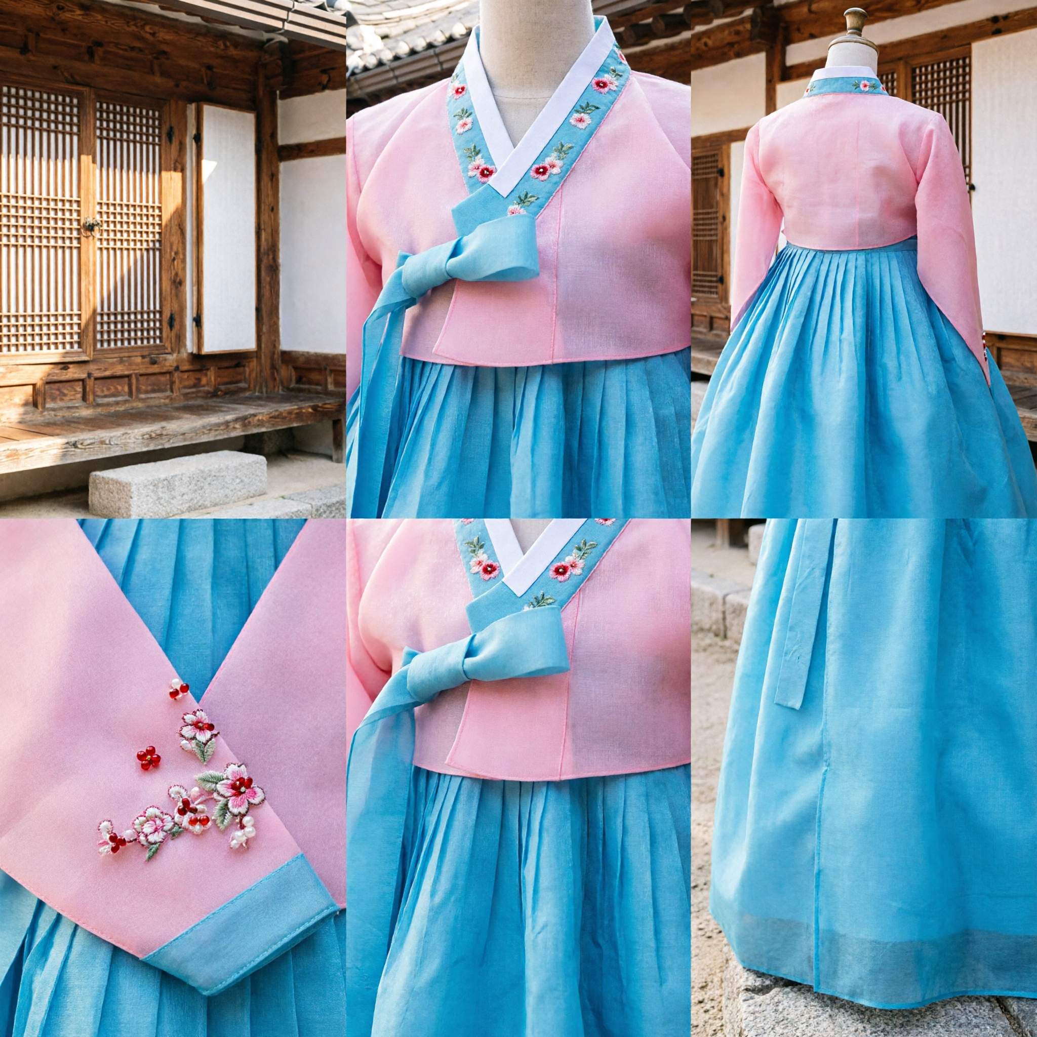 Elegancki różowo-niebieski koreański Hanbok, tradycyjna suknia z kwiecistym haftem dla dziewczynek na festiwal i przyjęcie - Asian Costume