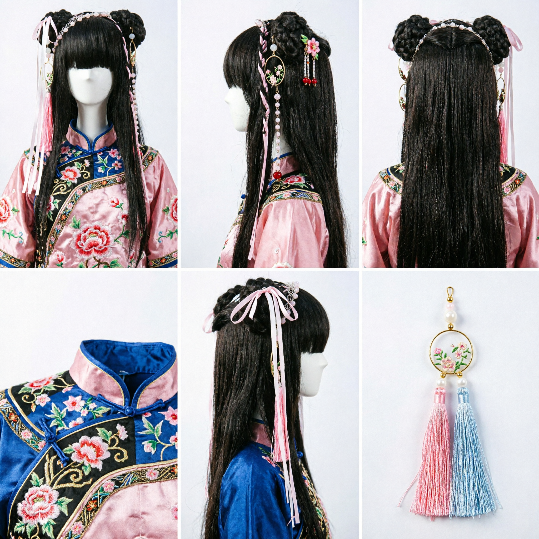 Peluca Hanfu China Antigua con Moños Trenzados y Accesorios para el Cabello con Cuentas para Disfraz de Princesa de Cosplay - Asian Costume