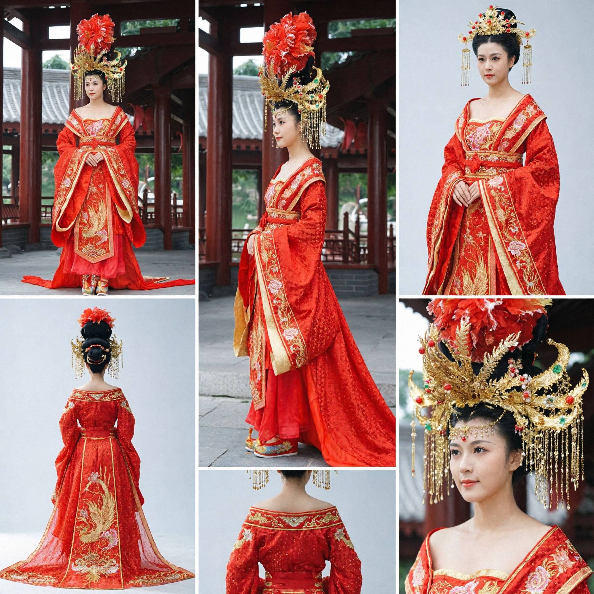 Tradycyjna chińska czerwona suknia ślubna z dynastii Tang, szata Hanfu ze złotym haftem i zestawem phoenixowej korony - Asian Costume