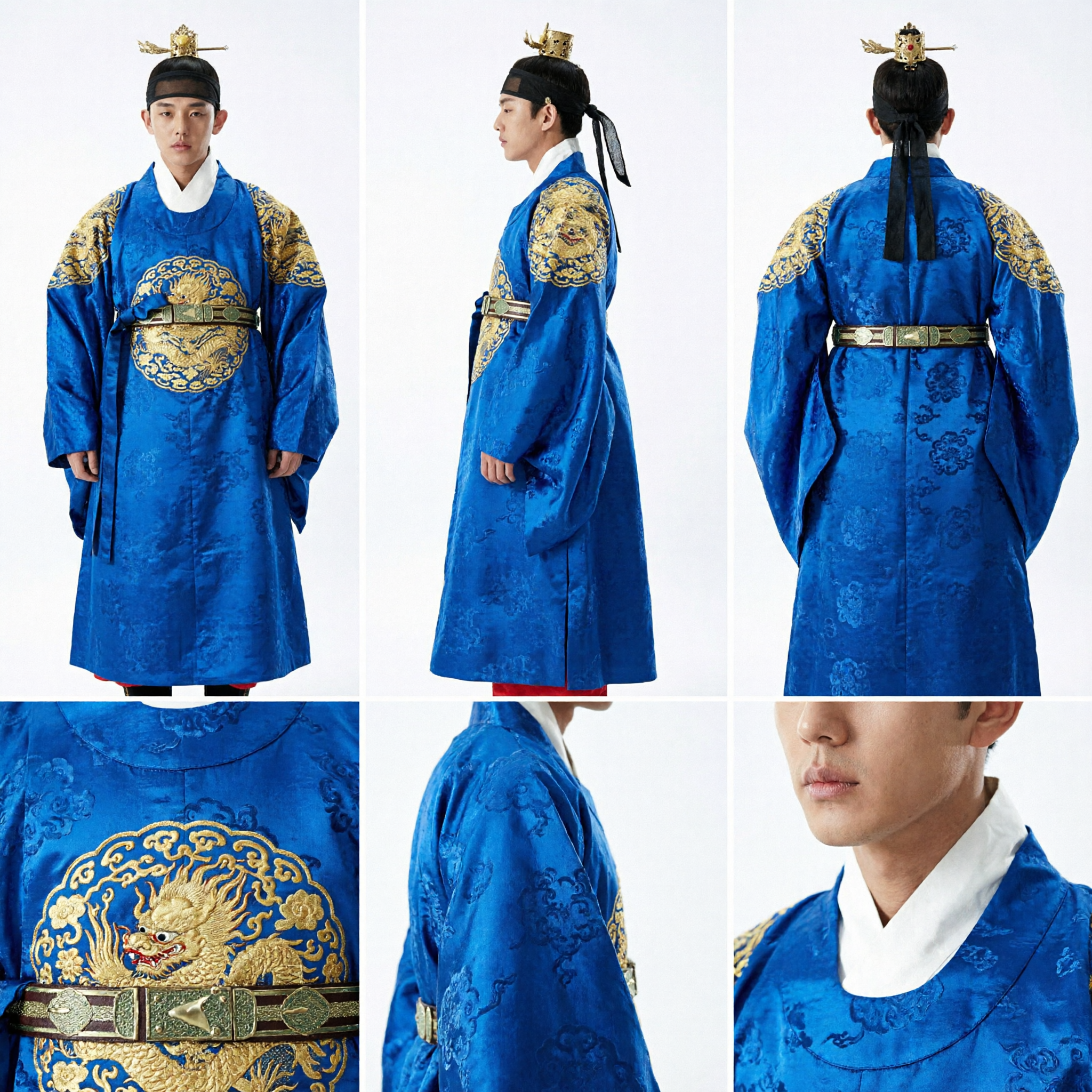 Männer-königlich blaues koreanisches Hanbok-Königskostüm mit Golddrachenstickerei für Hochzeit oder historisches Cosplay - Asian Costume
