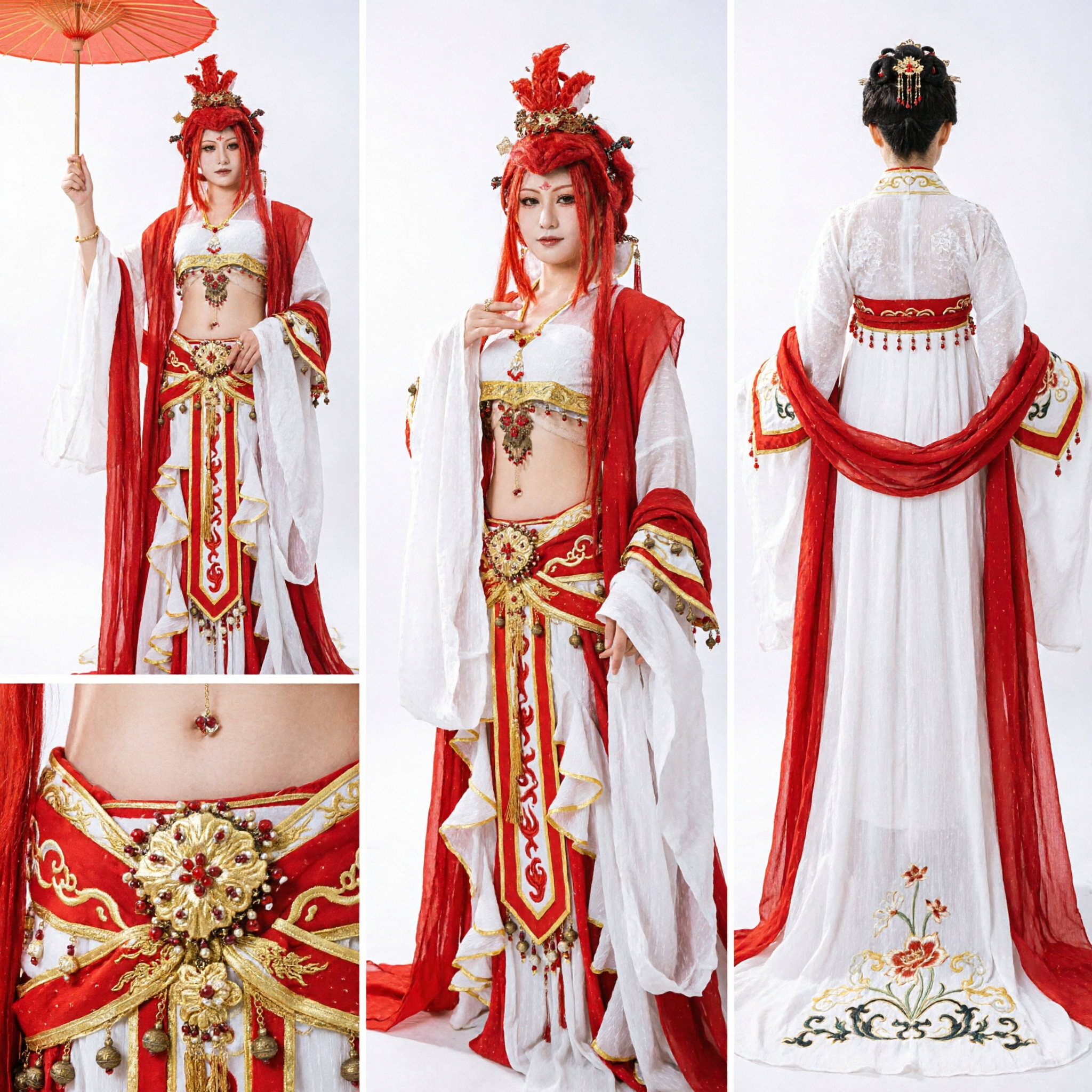 고대 중국 홍백색 한푸 의상, 여성 선녀 코스프레 무용 공연용 - Asian Costume