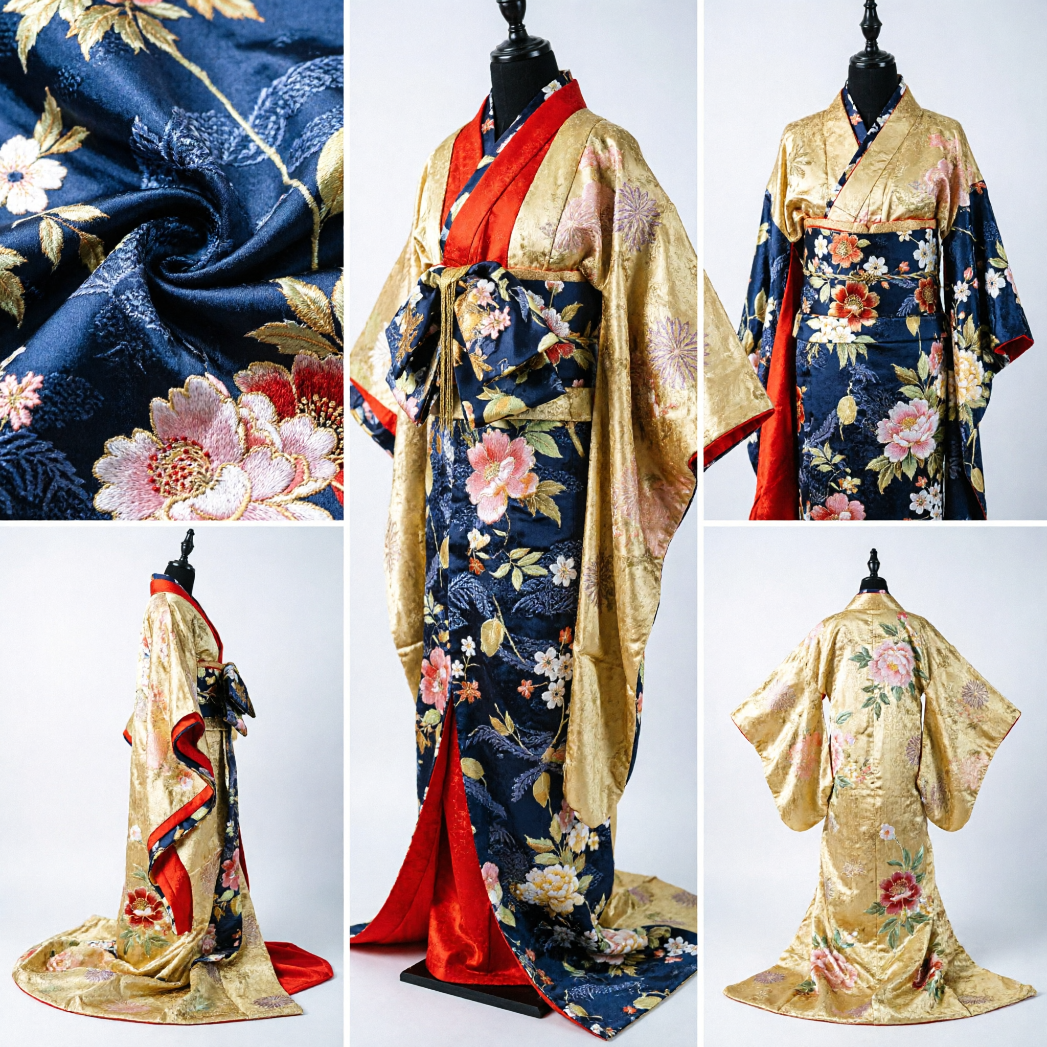 Elegant Japans Goud Brokaat Kimono Kostuum met Bloemen Obi-sjerp voor Traditionele Bruiloft of Cosplay Evenement - Asian Costume