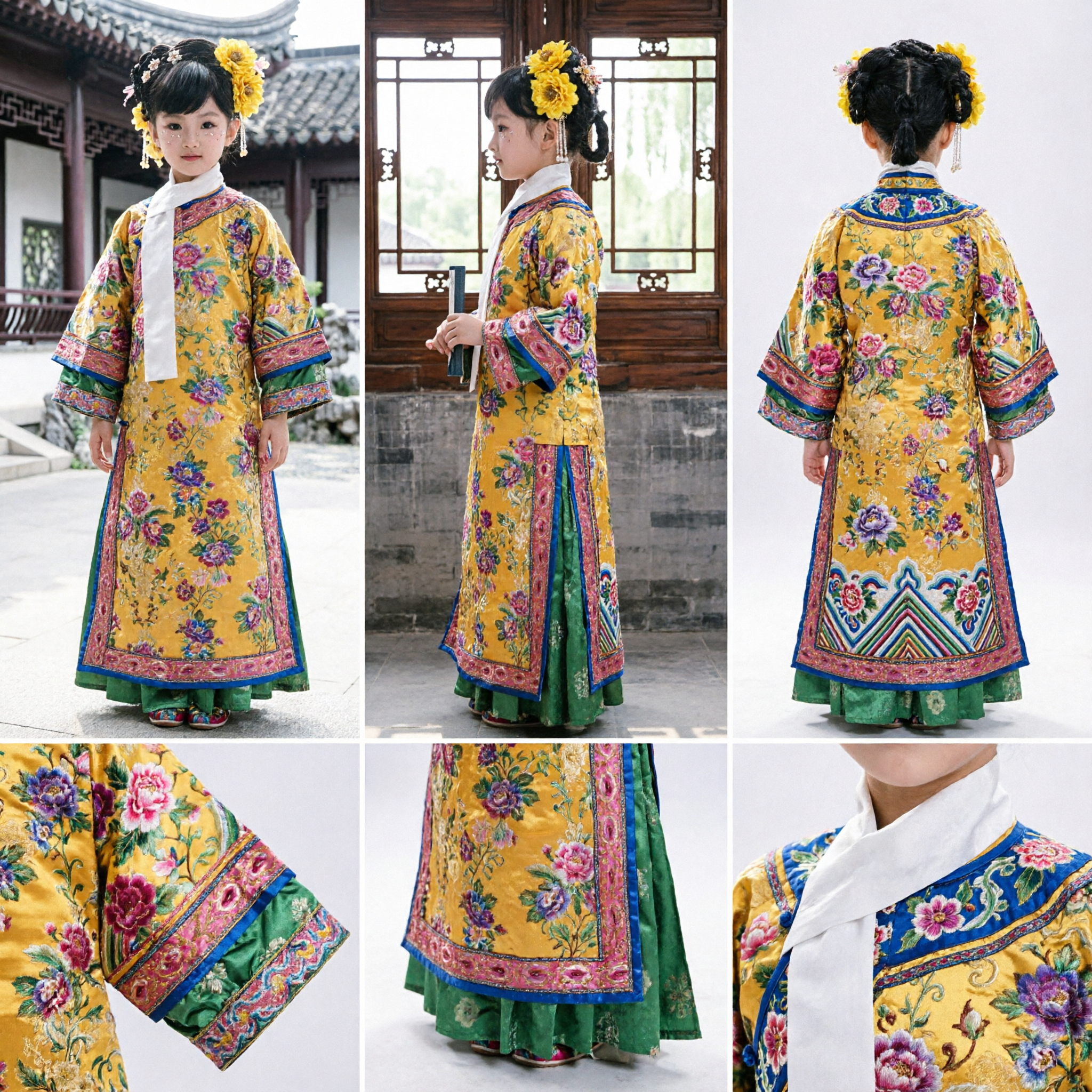 Traditionelles chinesisches Qing-Dynastie-gelbes Blumenstickerei-Prinzessinnenkostümkleid für Kinder-Mädchen-Auftritte - Asian Costume