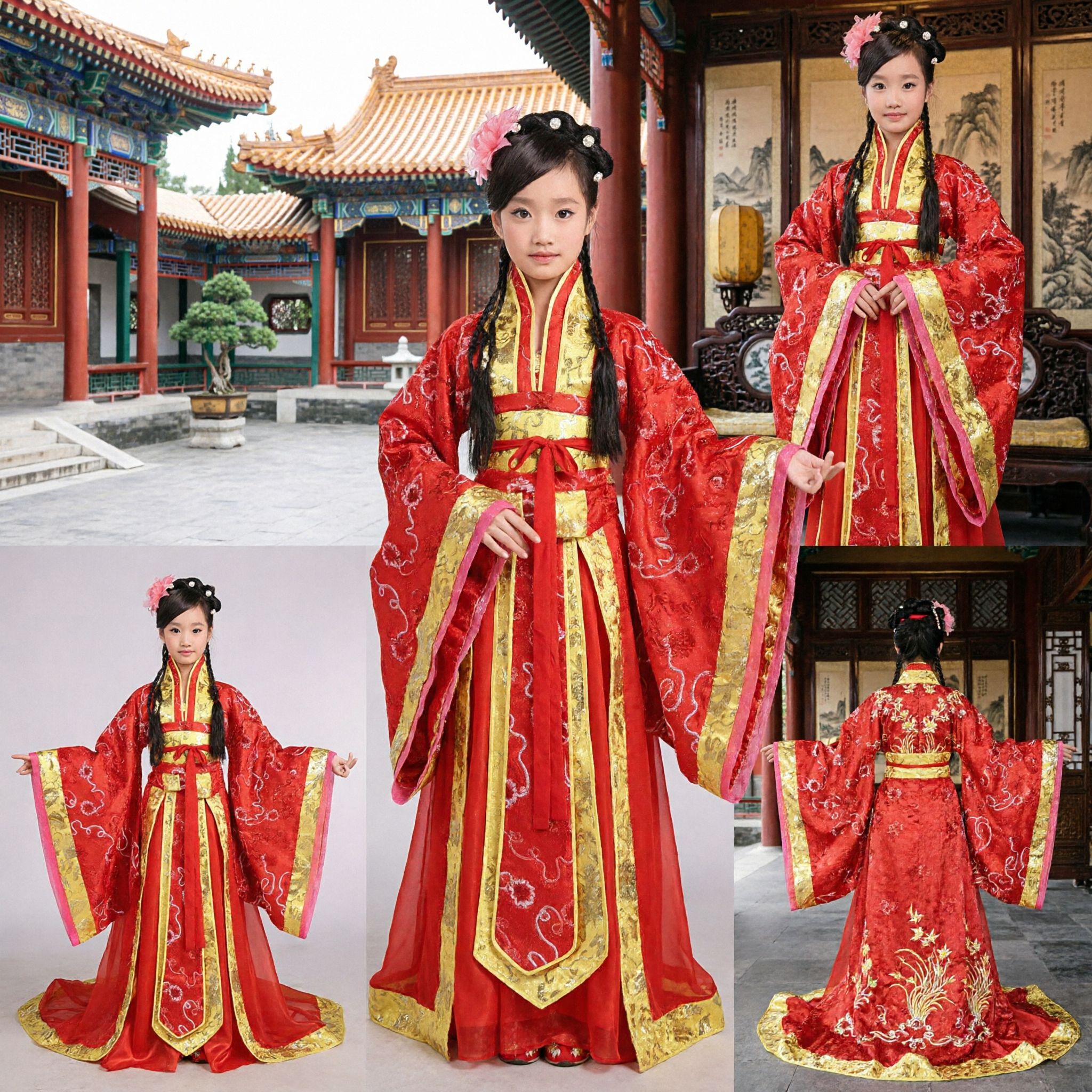 Kinderen Chinese Traditionele Hanfu-kostuum Rood Goud Oude Prinsessenjurk voor Meisjes Podiumoptreden - Asian Costume