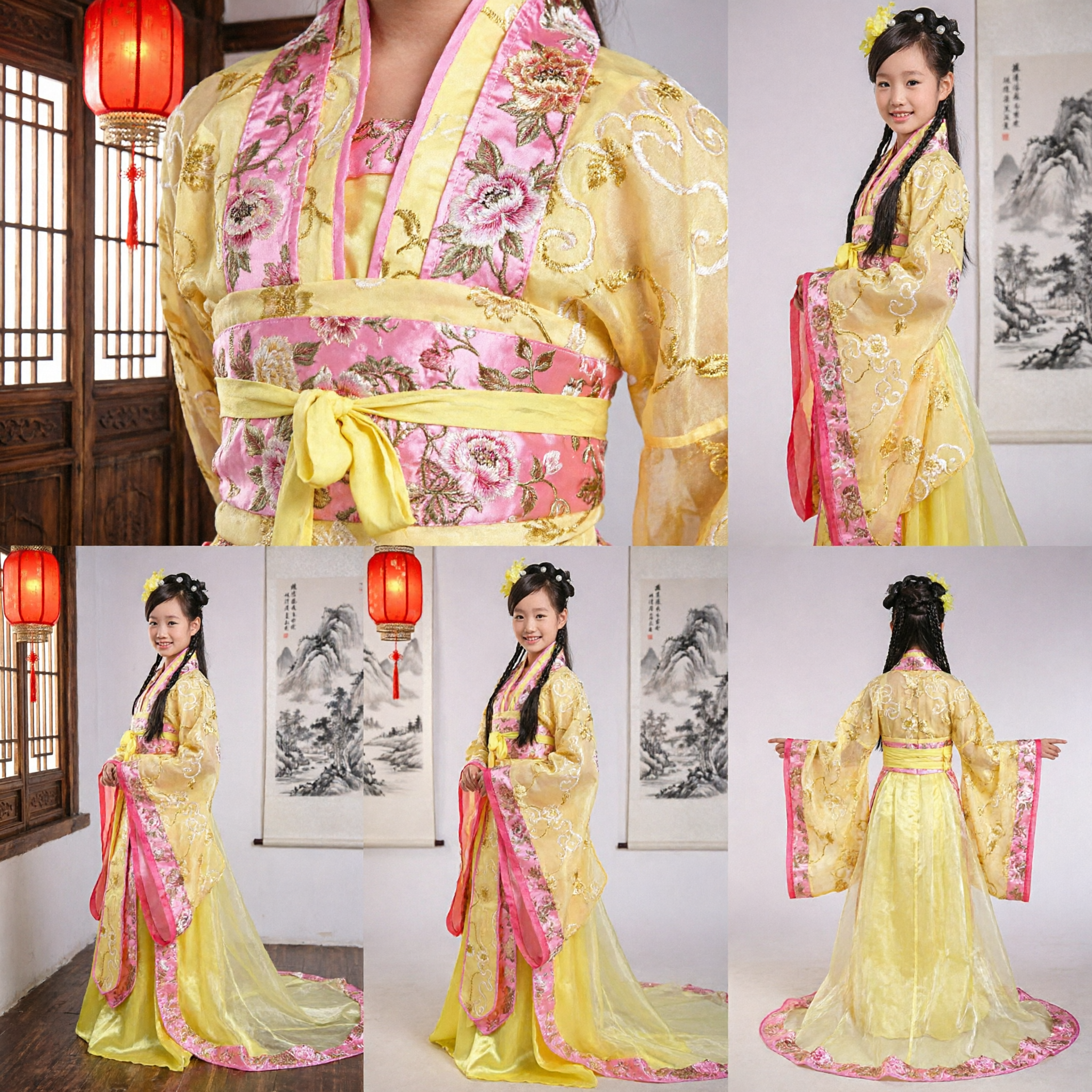 Traje Hanfu Tradicional Chinês Bordado Amarelo e Rosa para Meninas Crianças, Vestido Antigo de Princesa para Fantasia e Performance - Asian Costume