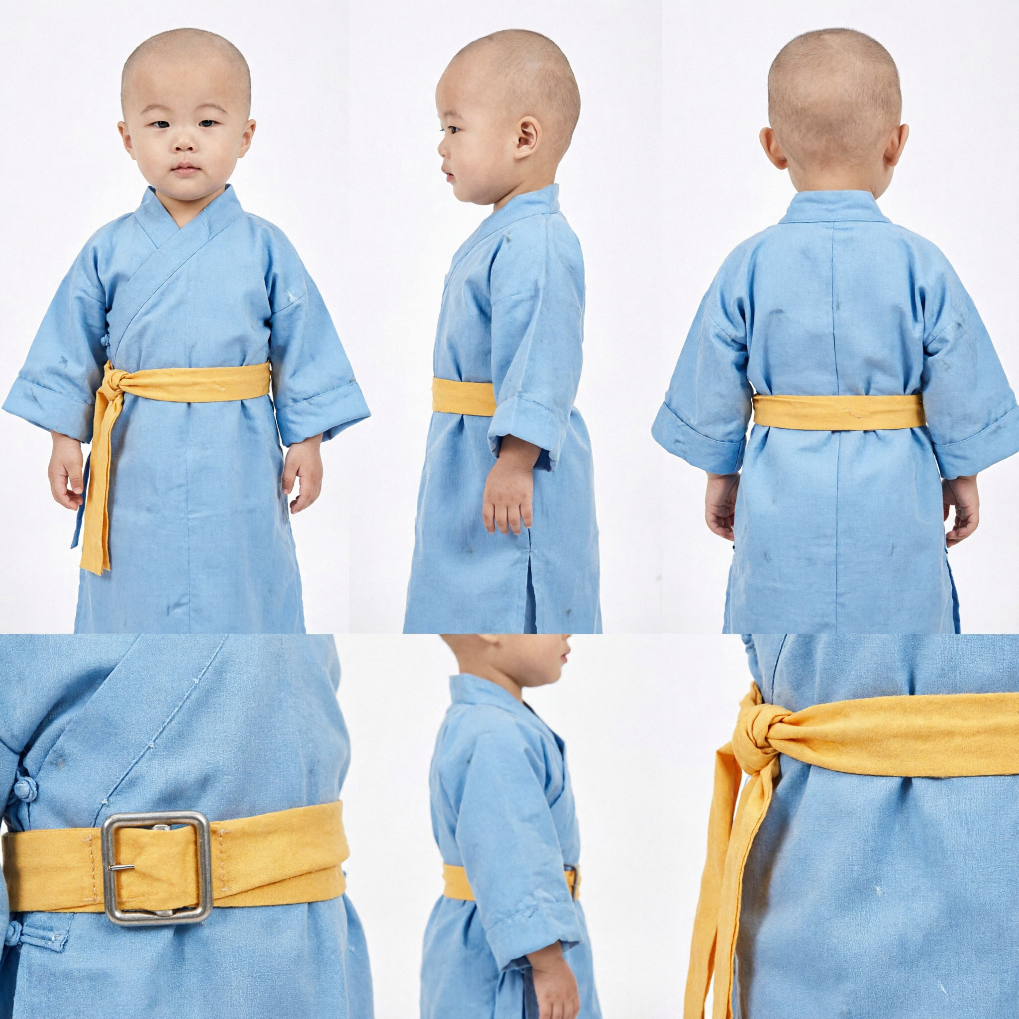 Traditioneel Chinese Kleine Monnik Kostuum Blauwe Hanfu-gewaad met Gebedskralen voor Kinderen Fotoshoot - Asian Costume