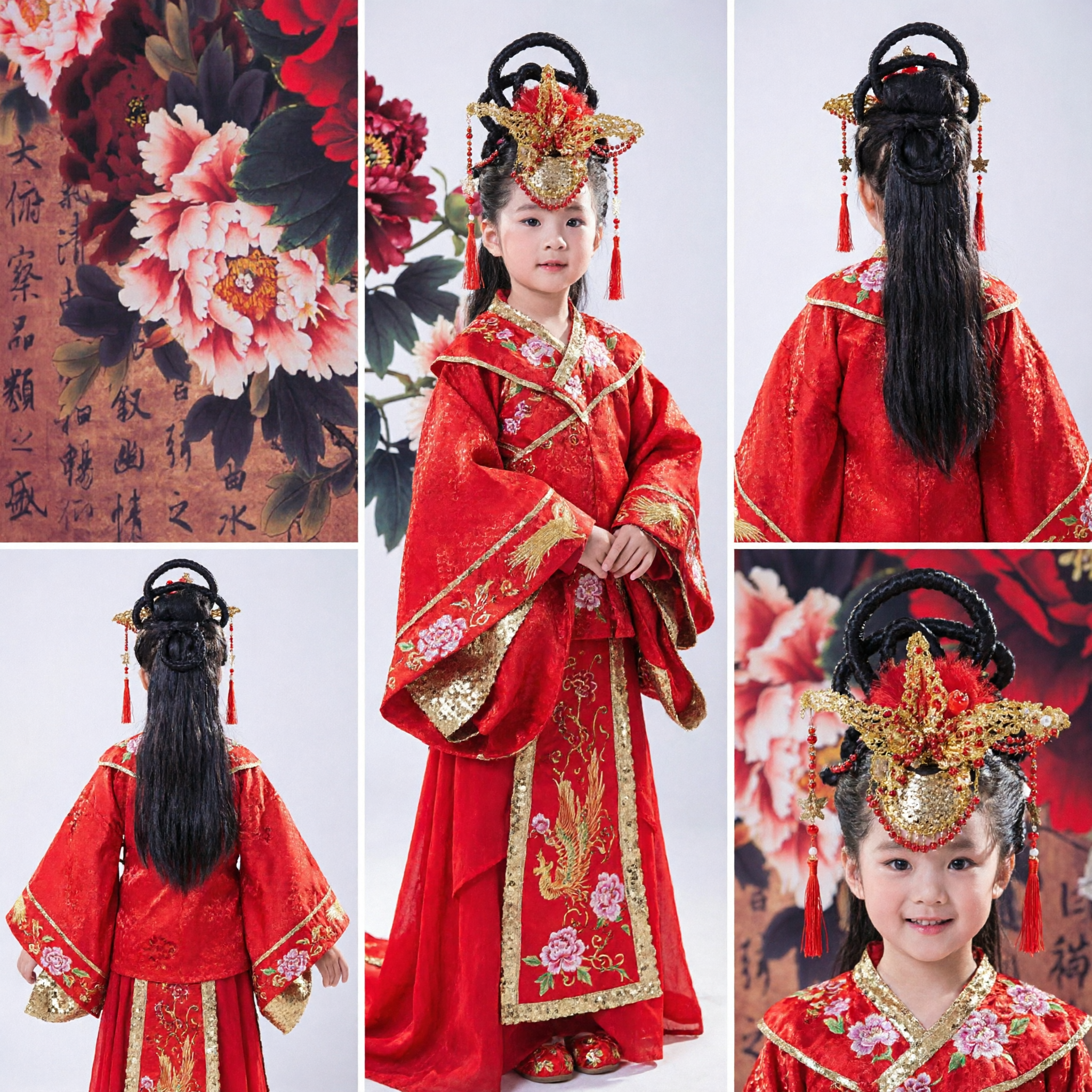 Traje Tradicional Chinês Hanfu para Meninas, Vestido Vermelho com Bordados Dourados para Performance do Ano Novo Lunar - Asian Costume