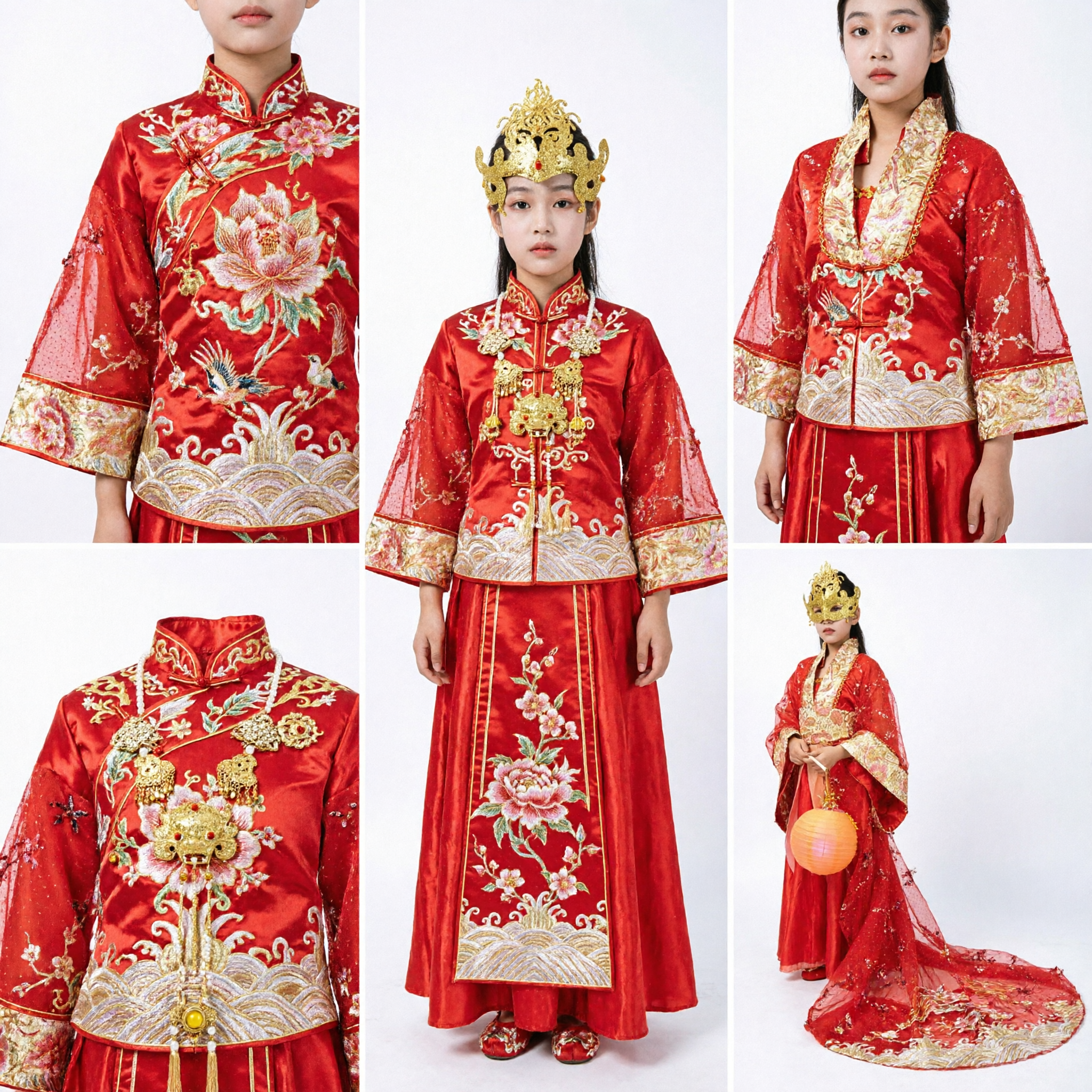 Tradycyjny czerwony strój Hanfu dla dziewczynek ze złotą maską i lampionem na występ noworoczny - Asian Costume