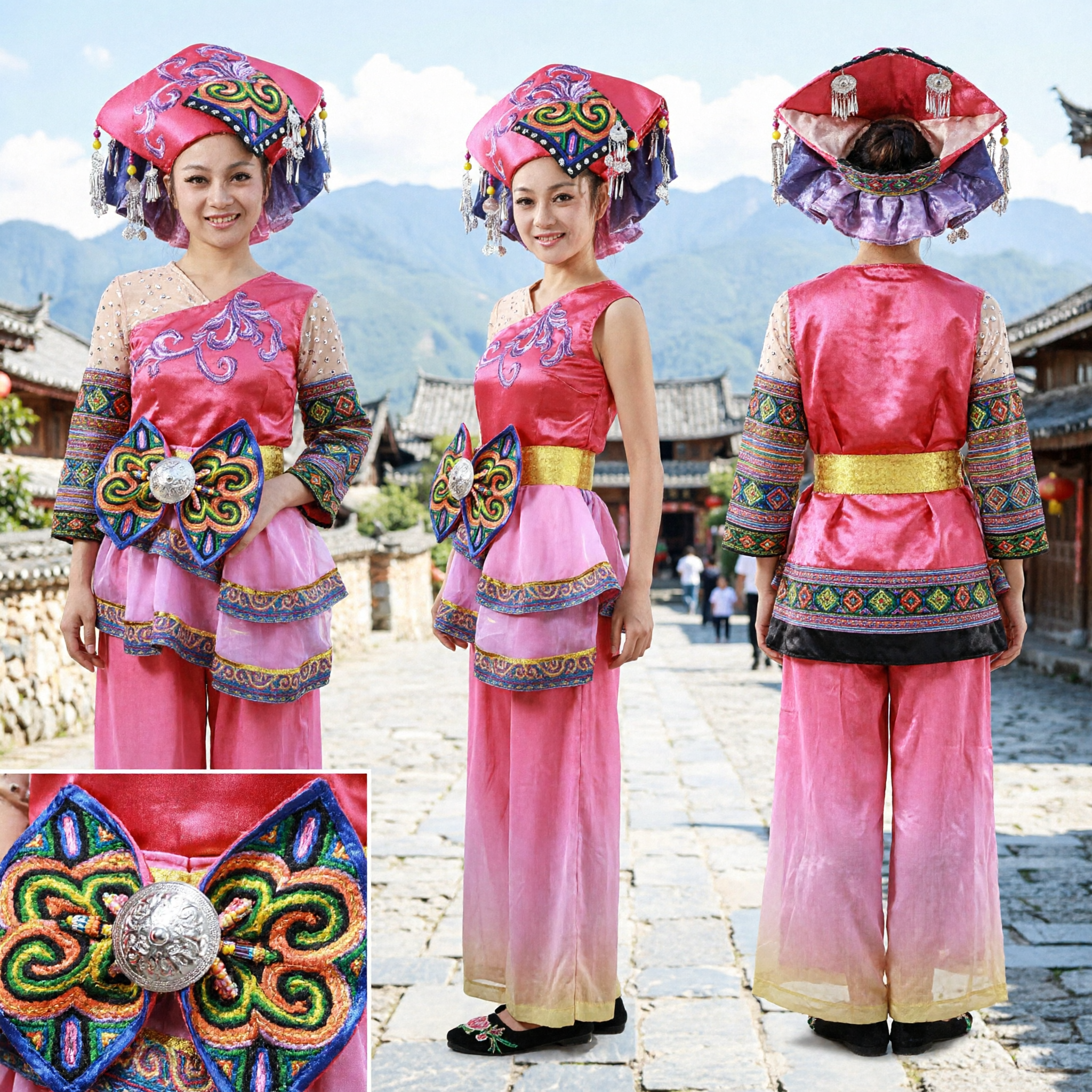 Traditional Chinese Zhuang Minority Costume Complete Set Pink Folk Dance Dress with Embroidered Hat for Women - Asian Costume