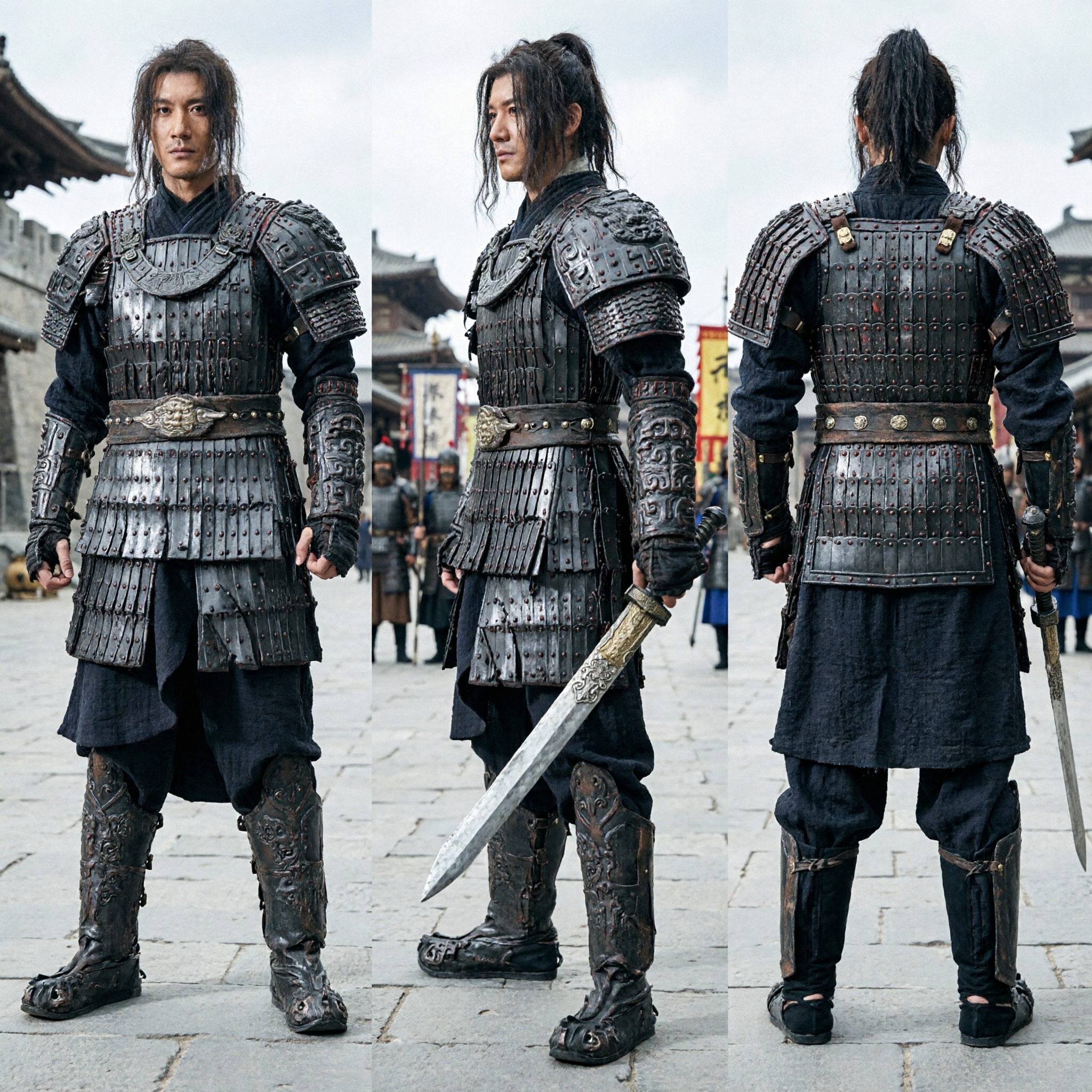 Męski starożytny chiński kostium generała, czarna zbroja historycznego wojownika, kompletny zestaw do cosplay'u na scenę - Asian Costume