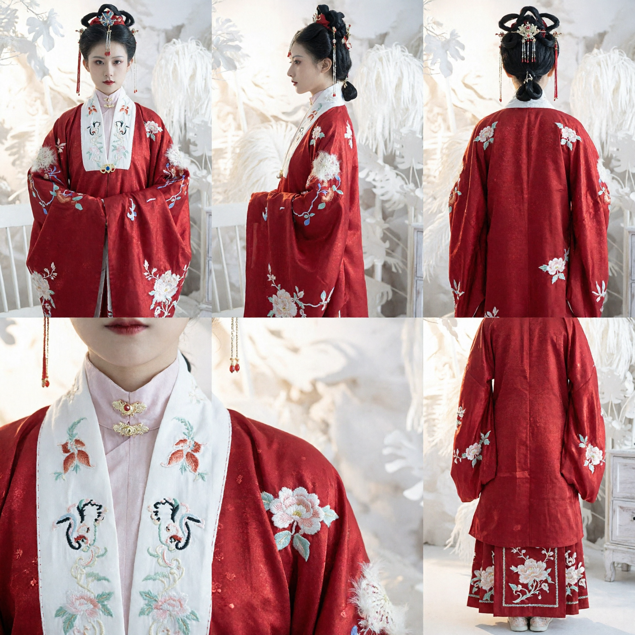 Elegantes rotes Ming-Dynastie Hanfu, besticktes Wolkenkragen-Roben, traditionelles chinesisches Hochzeitskostüm für Damen - Asian Costume