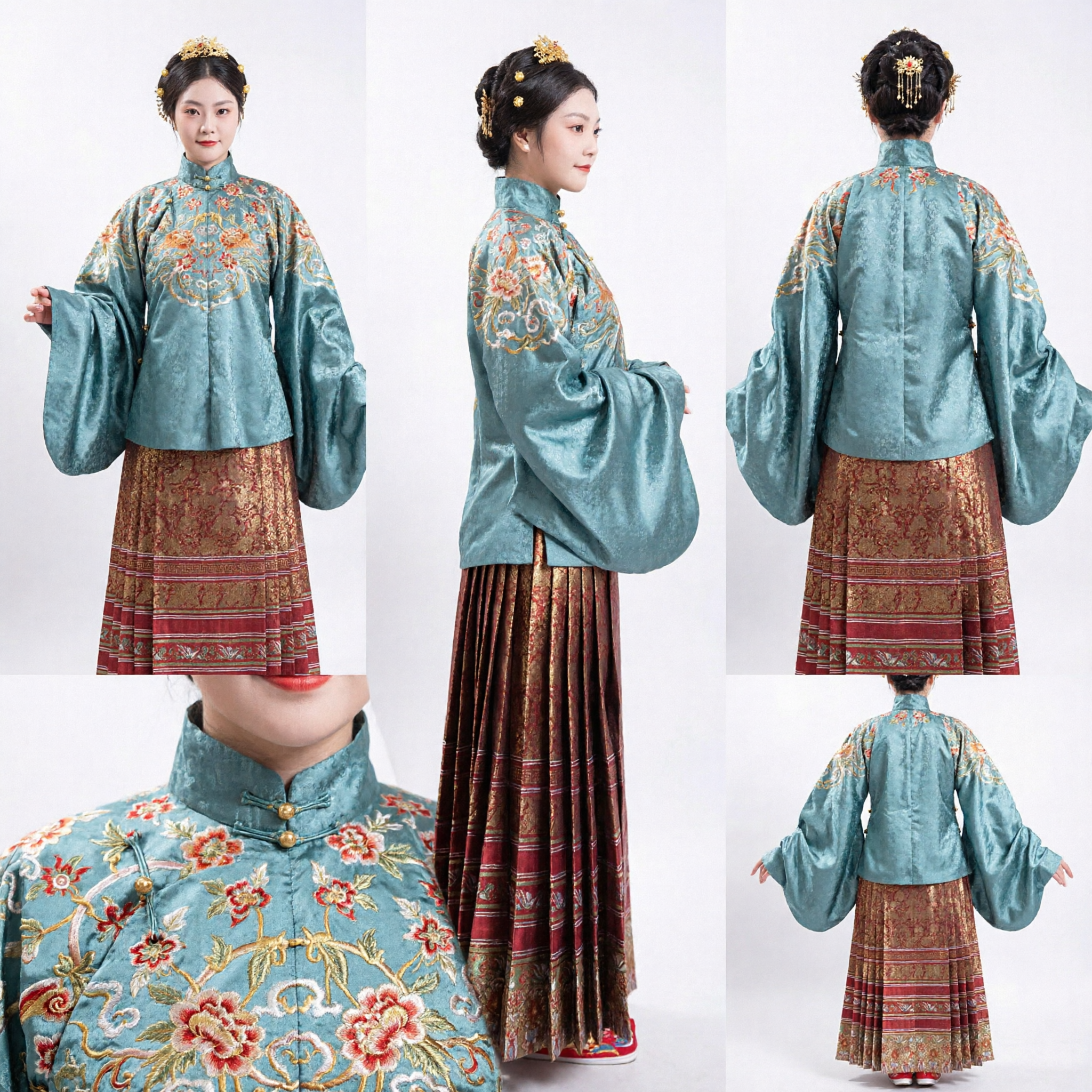 Traditional Chinese Ming Dynasty Hanfu Costume Women Blue Embroidered Top Red Mamianqun Horse-Face Skirt Set - Asian Costume