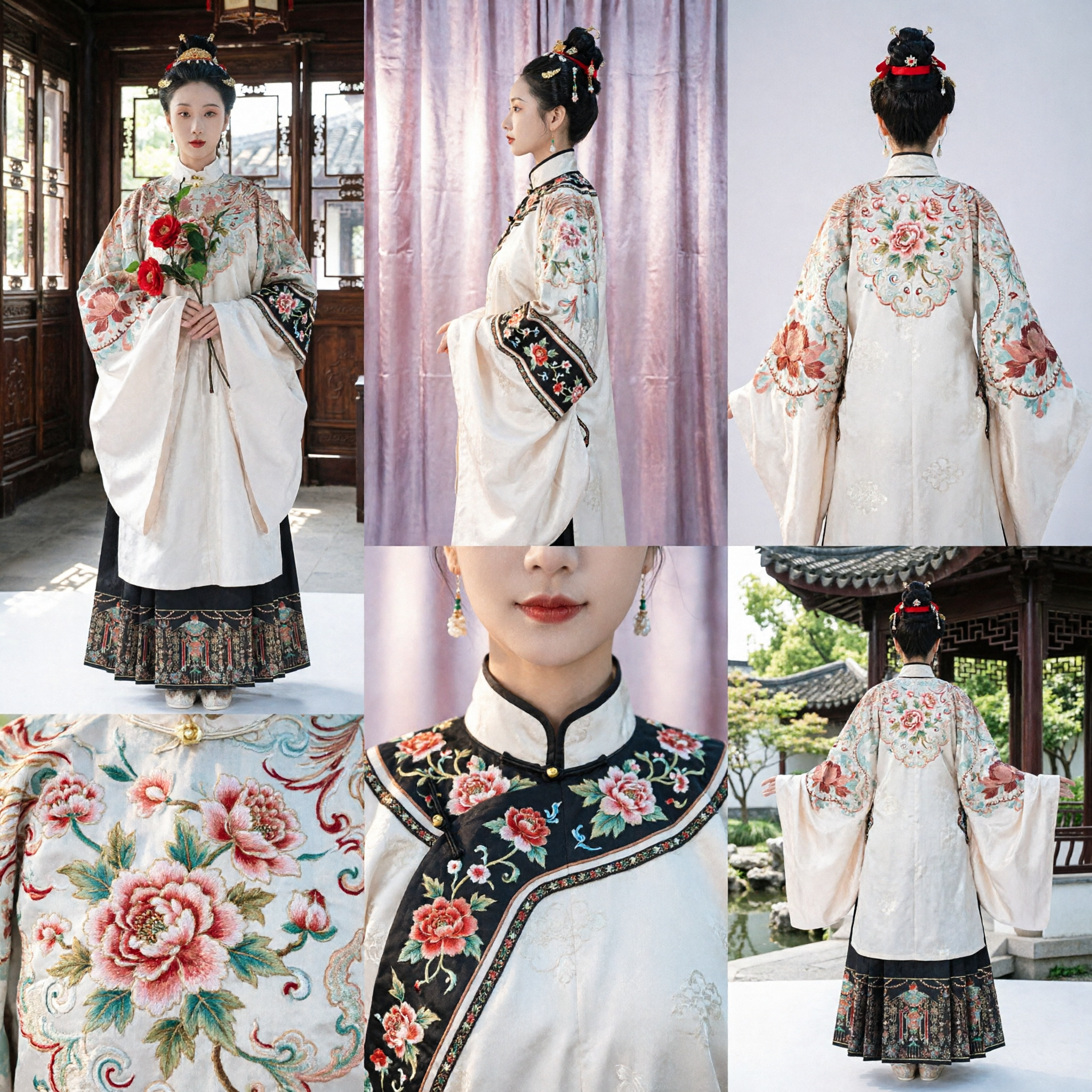 伝統中国明王朝漢服セット 女性用：刺繍立襟上衣と黒プリーツ馬面裙 - Asian Costume
