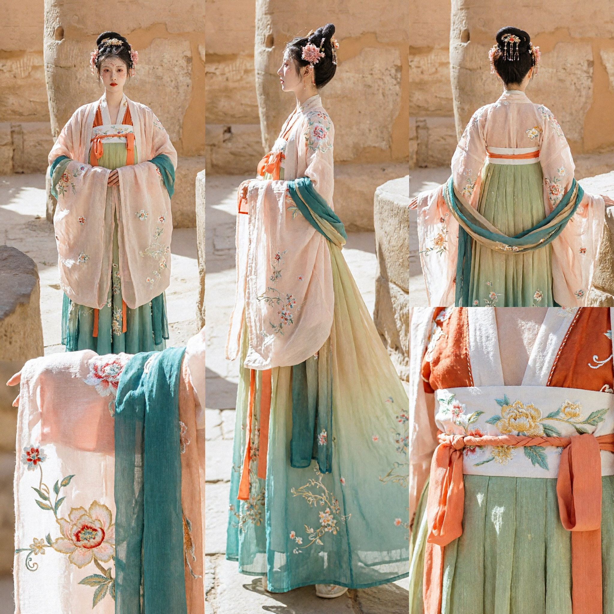 Elegant Tang-dynastie Hanfu Kostuum voor Vrouwen Groen Geborduurde Rok en Wijdmouwige Gewaad voor Fotografie - Asian Costume