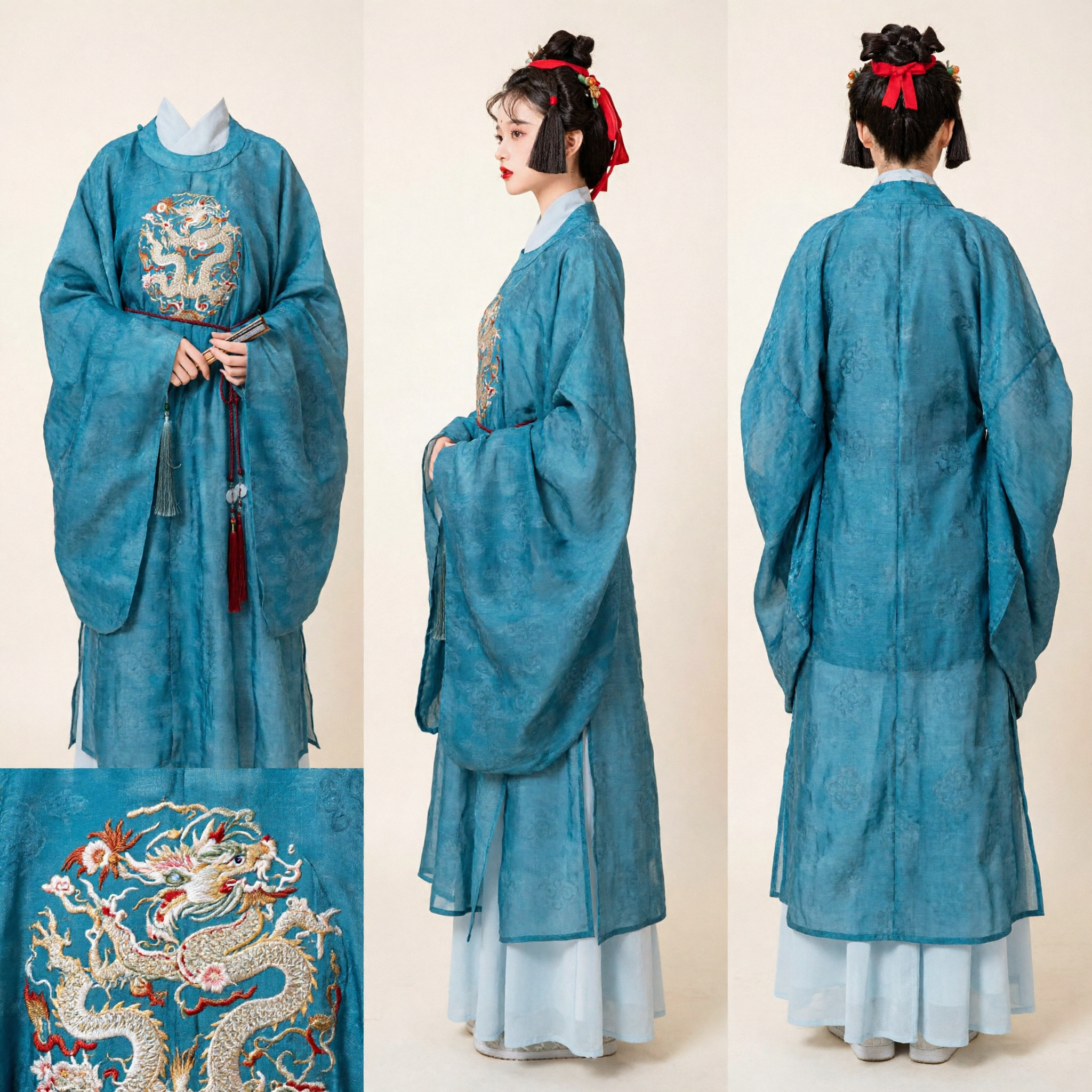 Hanfu traditionnel chinois - Robe turquoise à dragons, costume ancien brodé pour femmes (photographie et cosplay) - Asian Costume