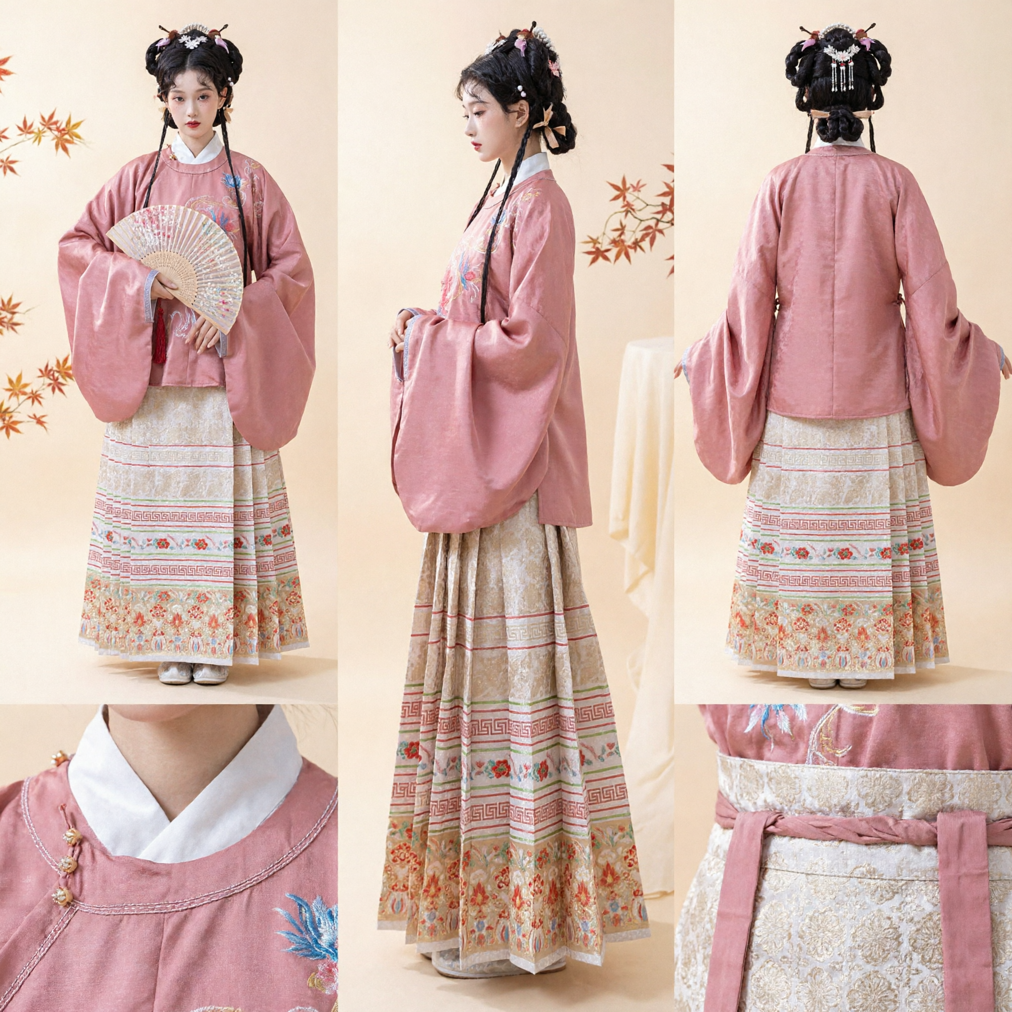 Ensemble Hanfu élégant rose dynastie Ming avec haut brodé et jupe plissée Mamianqun pour femmes - Asian Costume