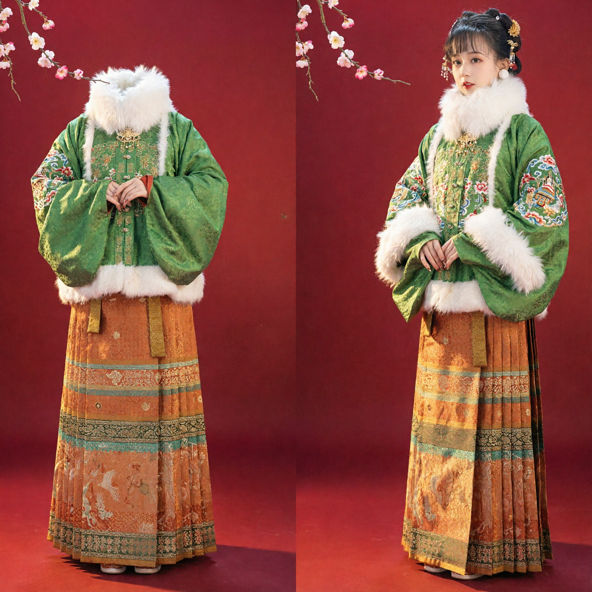Conjunto Hanfu Elegante da Dinastia Ming Jaqueta Verde Brocado com Gola de Pele e Saia Laranja Mamian para Mulheres Festival de Inverno - Asian Costume