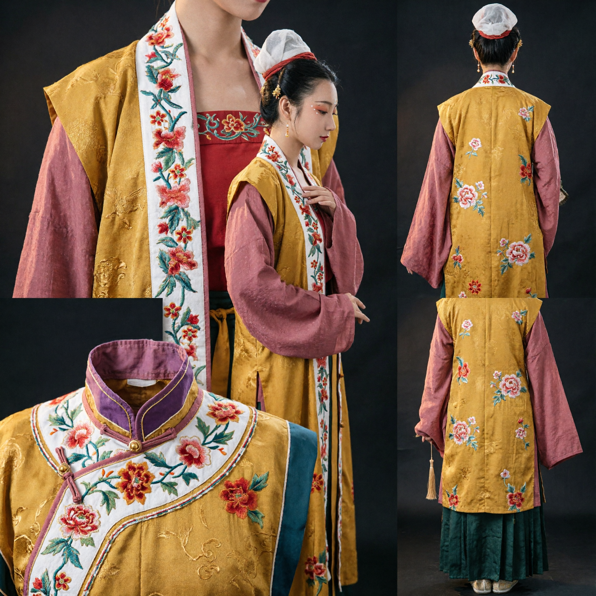 Costume Hanfu Tradizionale Cinese della Dinastia Ming, Set Gilet Bijia Giallo Ricamato e Gonna Verde per Donne - Asian Costume