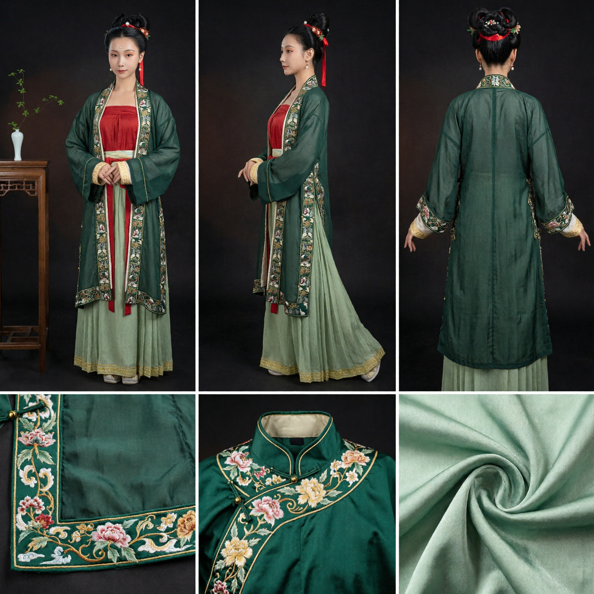 Traditionelles chinesisches Hanfu-Kostüm für Frauen, antikes Tang-Dynastie, grün besticktes Gewand und plissiertes Rock-Set - Asian Costume