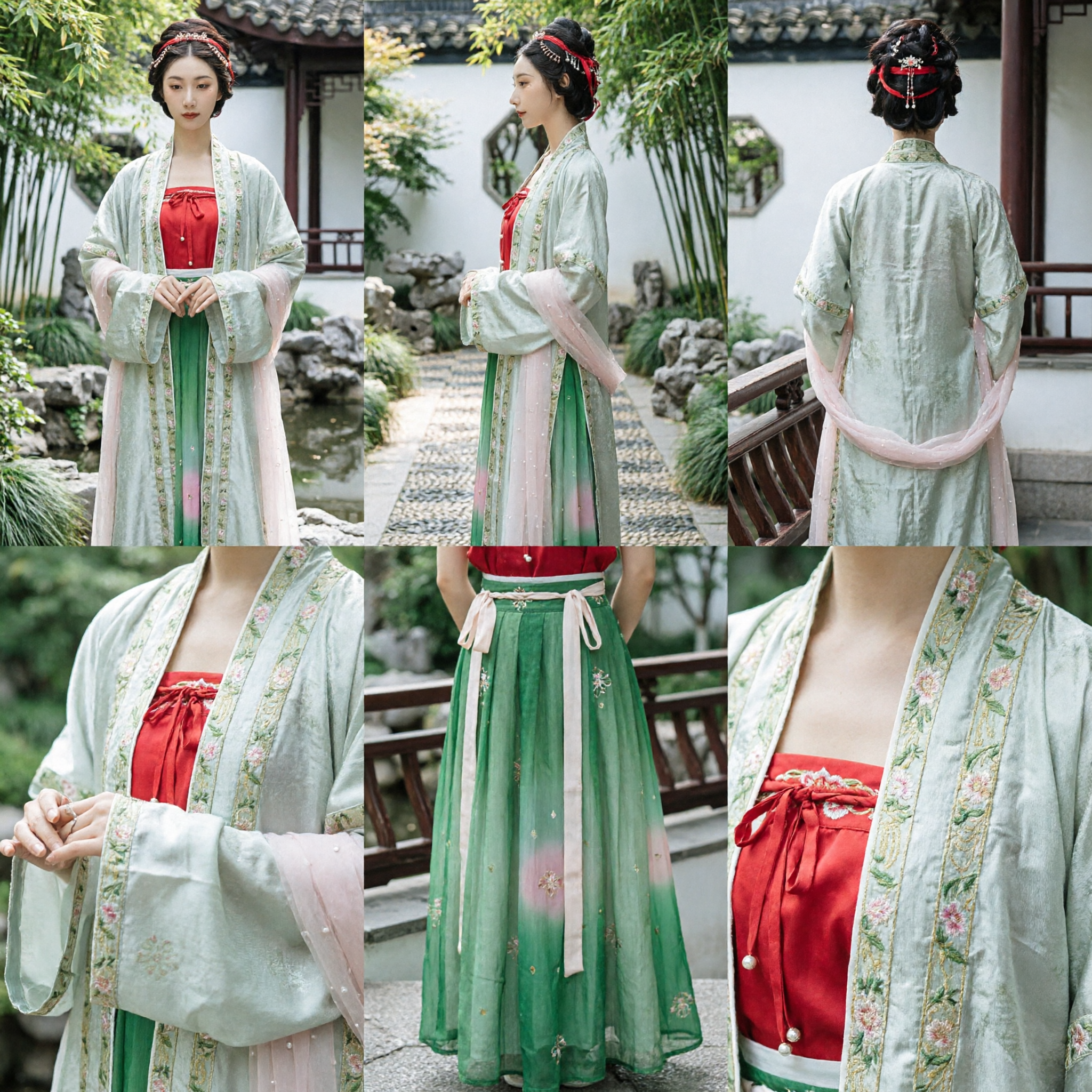 Traditionelles chinesisches Hanfu-Kostüm für Frauen, antikes grünes besticktes Gewand und rotes Kleid-Set für Fotografie - Asian Costume