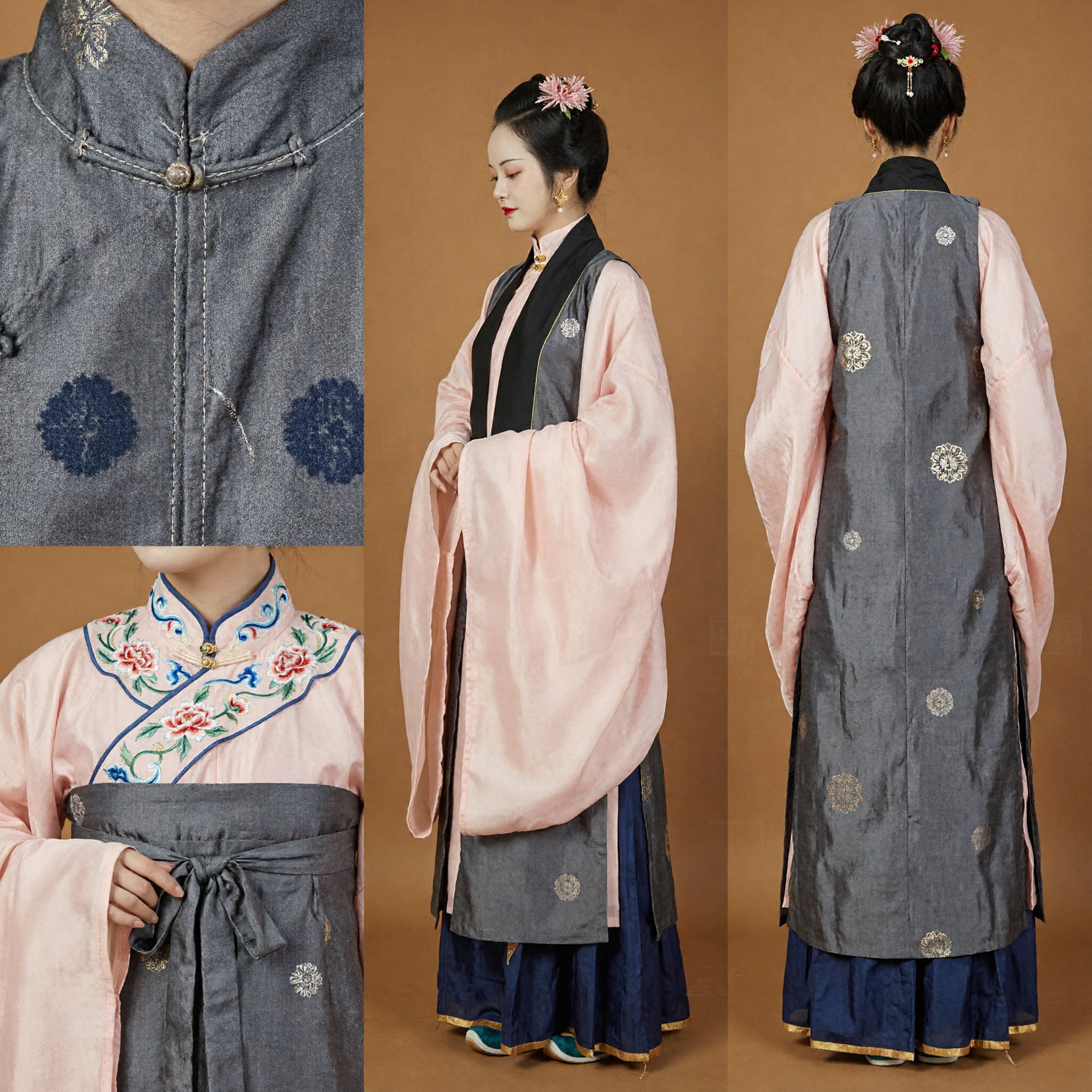 Antikes chinesisches Hanfu der Ming-Dynastie, traditionelles Kostüm, rosafarbenes Gewand mit weiten Ärmeln und grauer bestickter Weste für Frauen - Asian Costume
