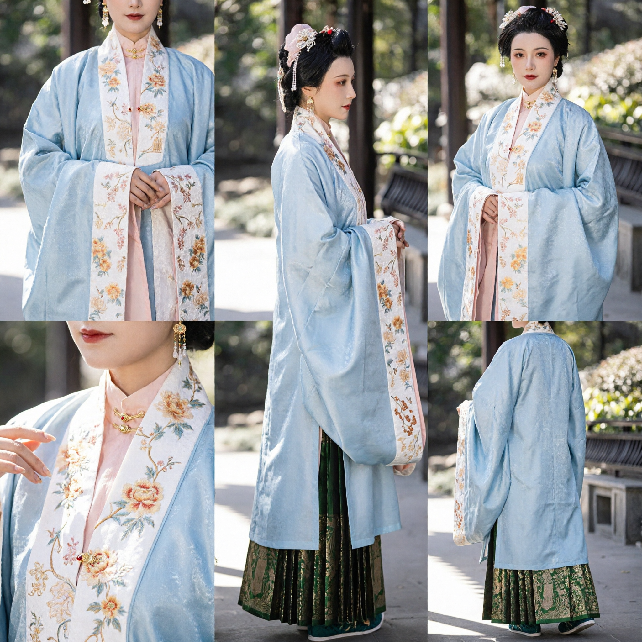 Vrouwen Ming-dynastie Hanfu, Traditionele Chinese Kleding Blauw Geborduurde Jas en Groen Brokaat Rok Set voor Festivals - Asian Costume