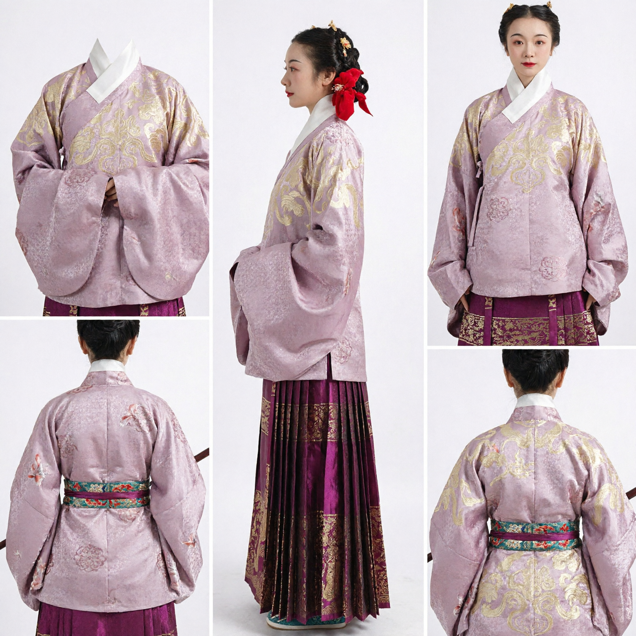 Hanfu traditionnel chinois de style dynastie Ming - Ensemble haut en brocart violet et or et jupe plissée pour femmes - Asian Costume
