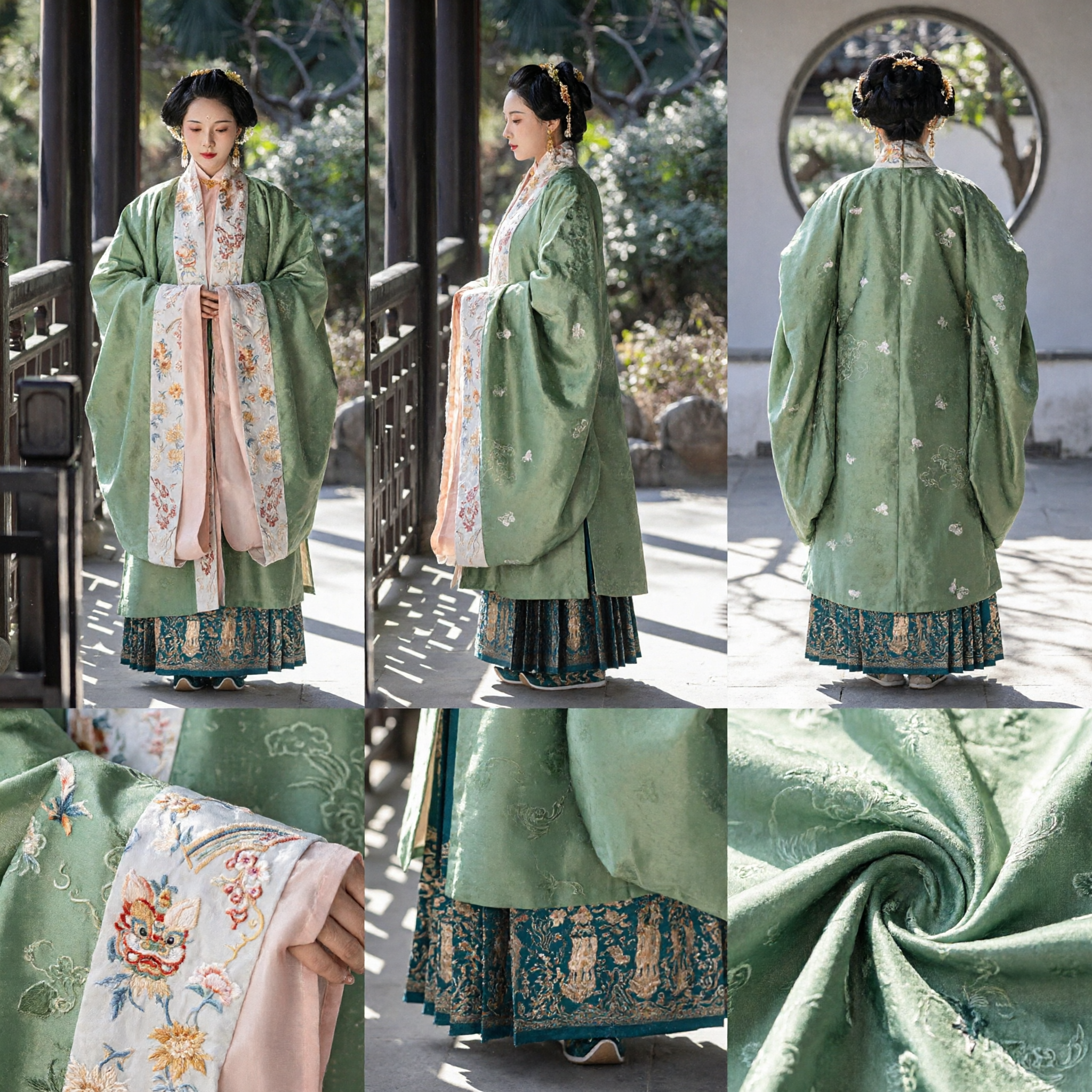 Chinese Traditional Ming Dynasty Hanfu Green Beizi Robe Embroidered Long Coat and Skirt Costume for Women - Asian Costume