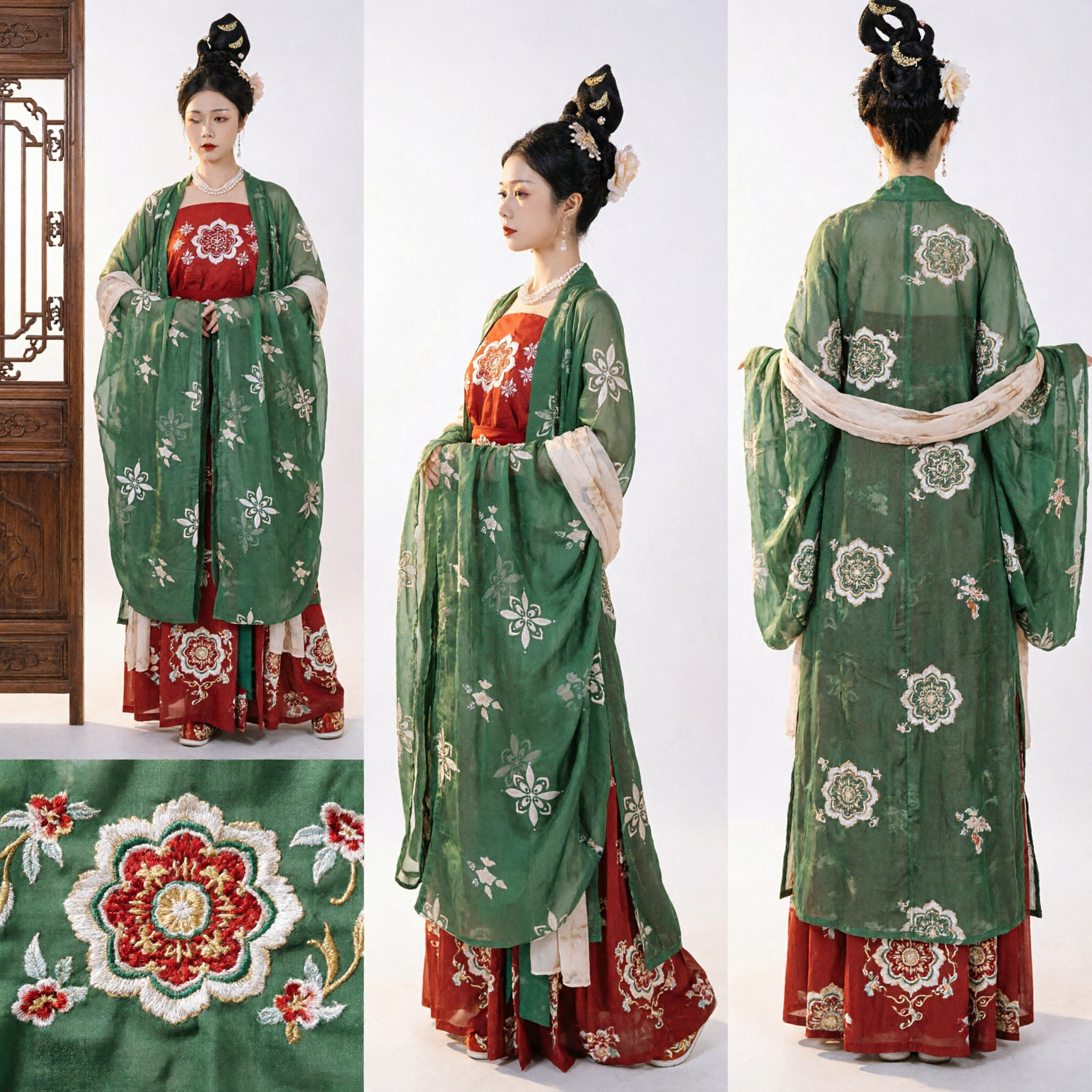 Traje Hanfu Tradicional Chino de la Dinastía Tang Túnica Transparente Verde Vestido Rojo Bordado Traje Antiguo para Mujer para Interpretación - Asian Costume