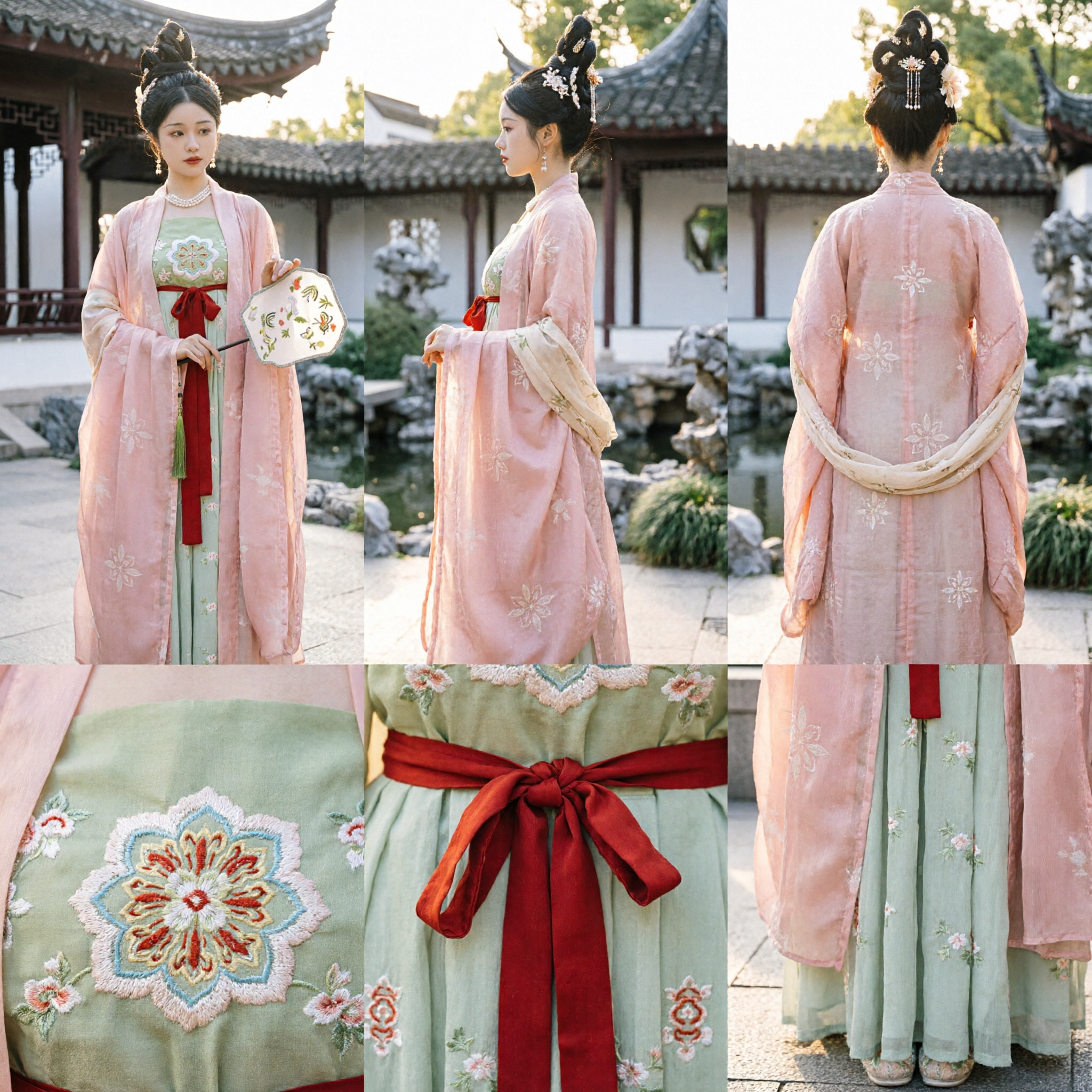 伝統的中国 漢服 唐時代宮廷婦人衣装 ピンクシールローブ刺繍ドレスセット 女性用 - Asian Costume