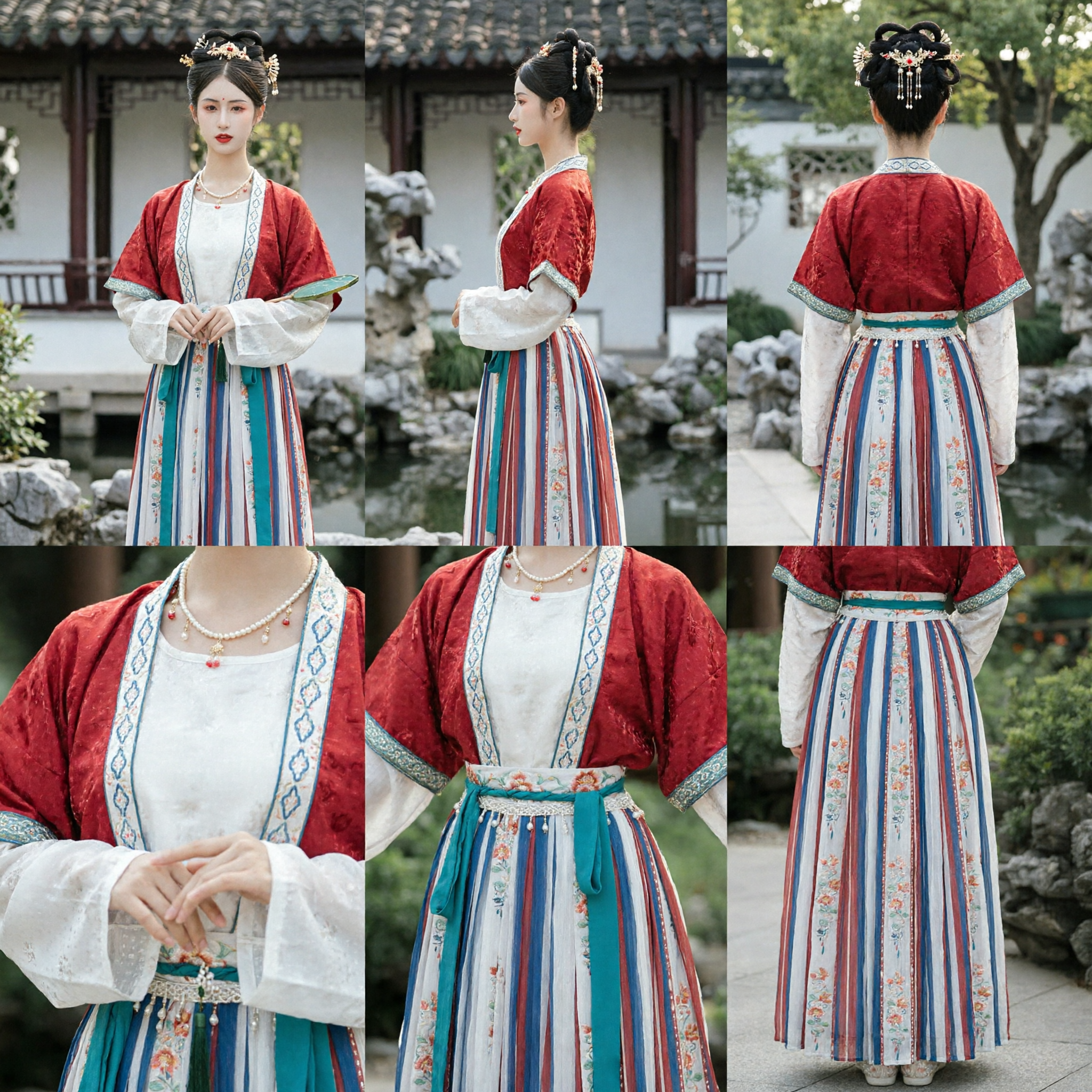 Traditionelles chinesisches Hanfu Tang-Dynastie-Stil Rote Jacke und gestreifter Rock Antikkostüm für Frauen - Asian Costume