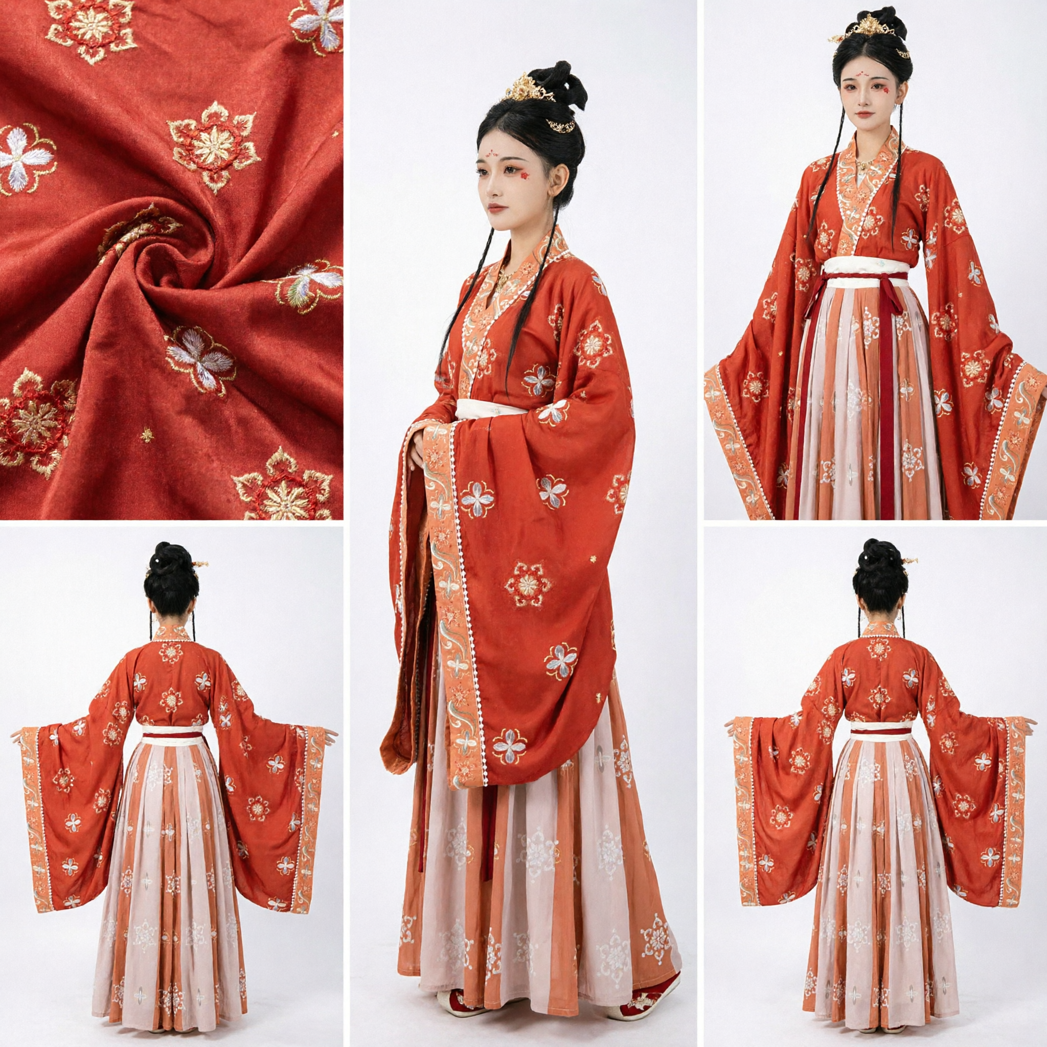 우아한 오렌지 꽃무늬 한푸 전통 중국 의상 여성 고대 복장 드레스 (무대 공연용) - Asian Costume