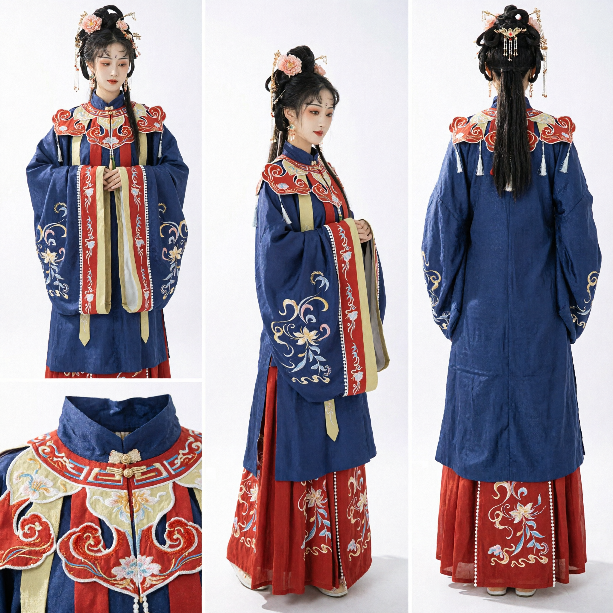 Traje Hanfu Tradicional Chino Estilo Dinastía Ming Túnica Azul y Falda Roja Bordada Traje de Princesa Antigua para Mujer - Asian Costume