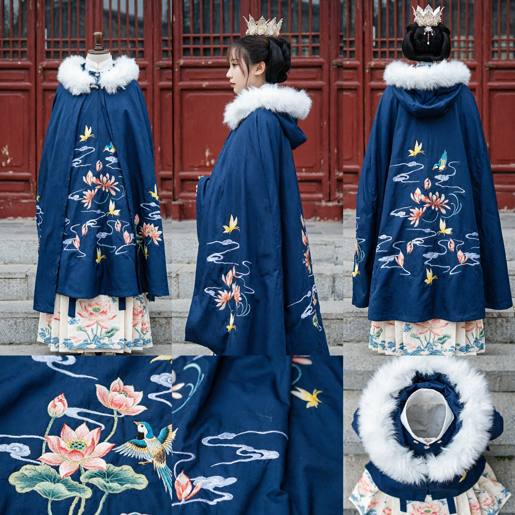 Traditionelles chinesisches Hanfu-Winterumhang Blaue bestickte Cape mit weißem Pelzkragen Ming-Dynastie-Stil für Frauen - Asian Costume