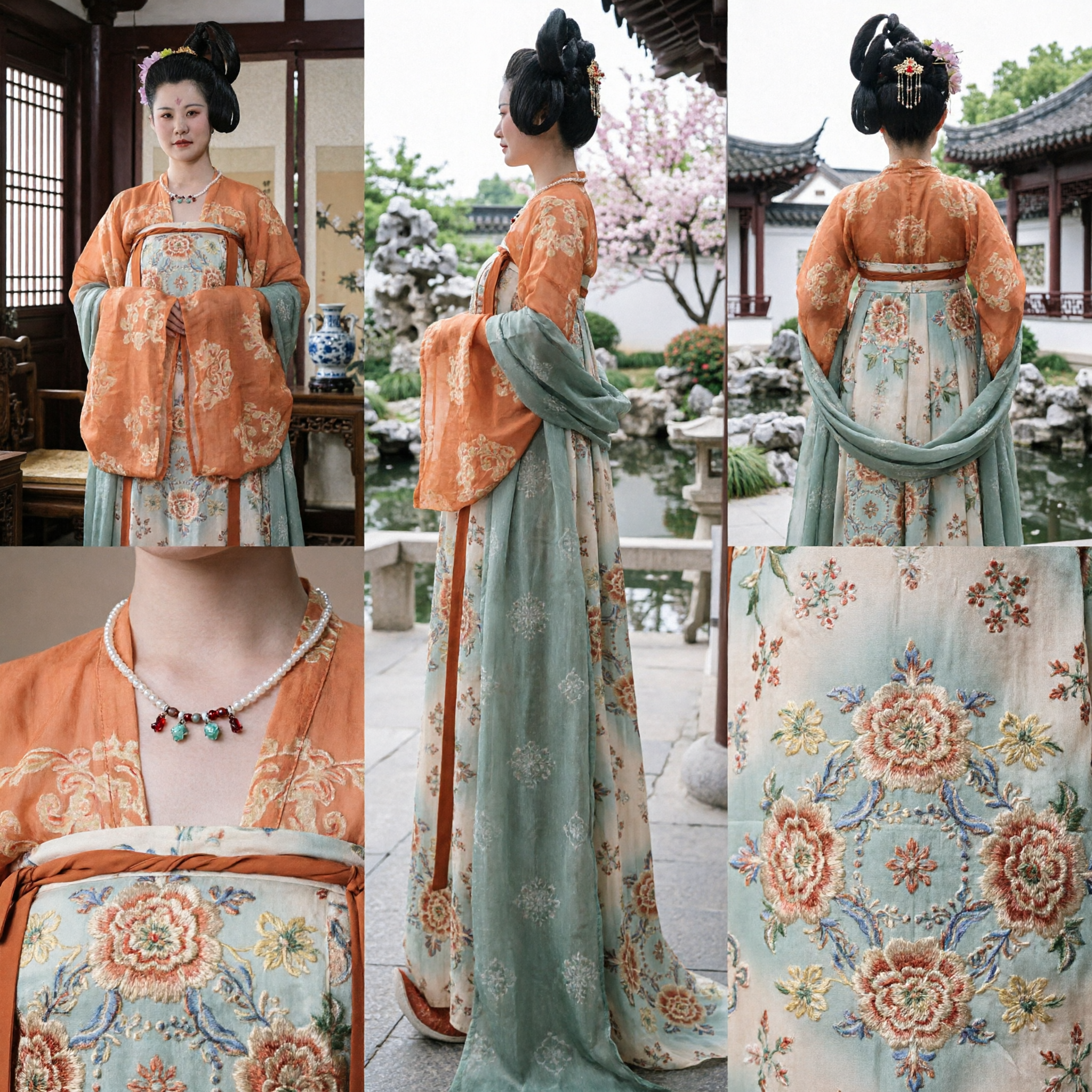 Traje Tradicional Chinês Hanfu da Dinastia Tang para Mulheres Ruqun Floral Laranja Vestido de Drama do Palácio Antigo - Asian Costume