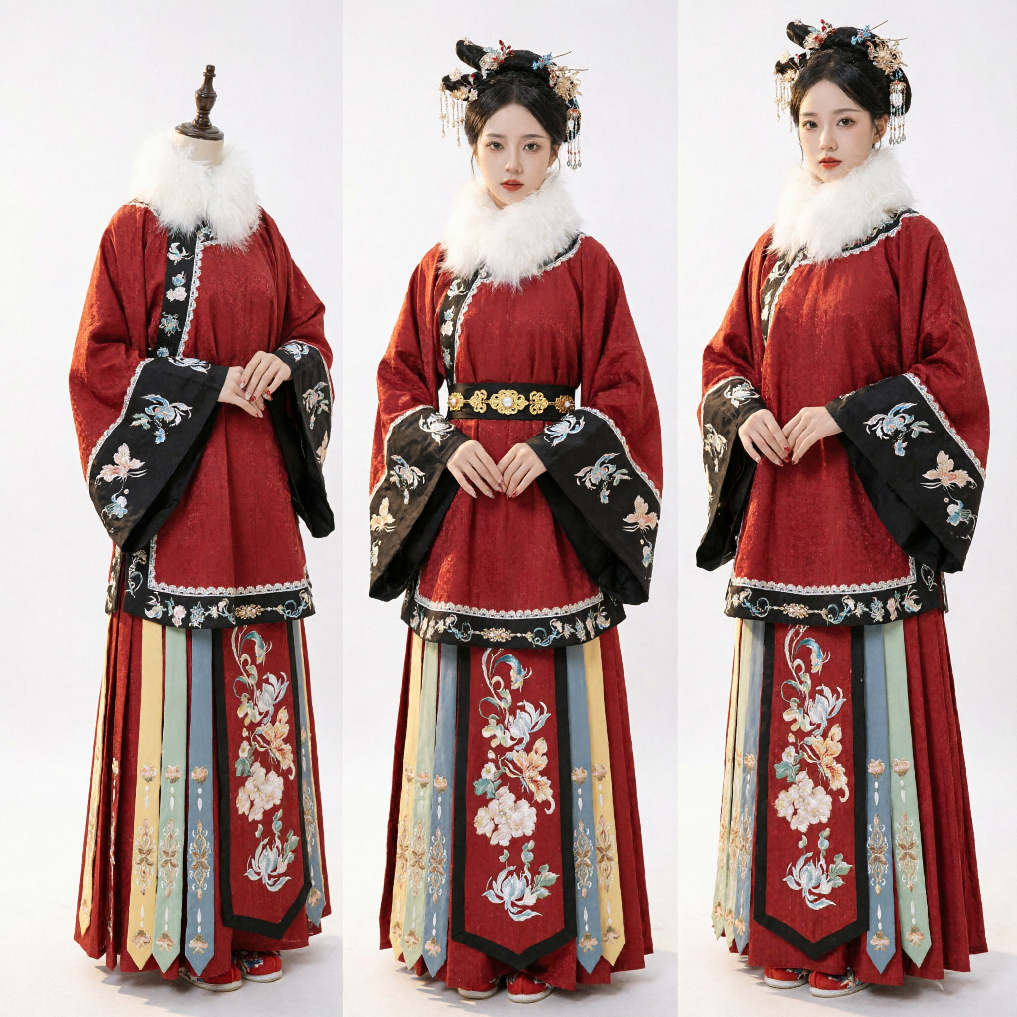 Hanfu Tradicional Chinês da Dinastia Ming Conjunto de Inverno de Jaqueta Bordada Vermelha e Saia Mamianqun (Saia de Rosto de Cavalo) para Mulheres - Asian Costume