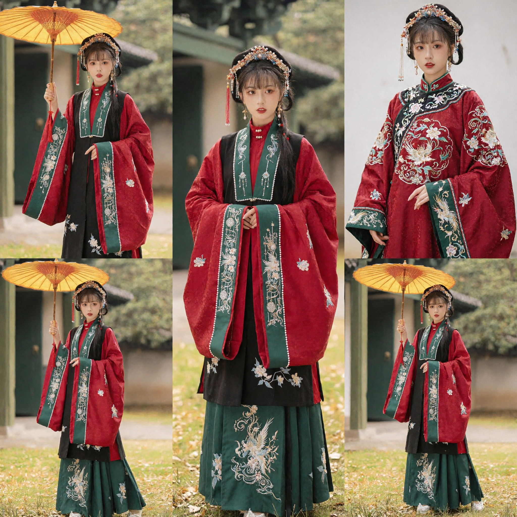 Traditioneel Chinees Ming-dynastie Hanfu Rood Geborduurde Beizi Jas en Groene Rok Oud Kostuum voor Vrouwen - Asian Costume